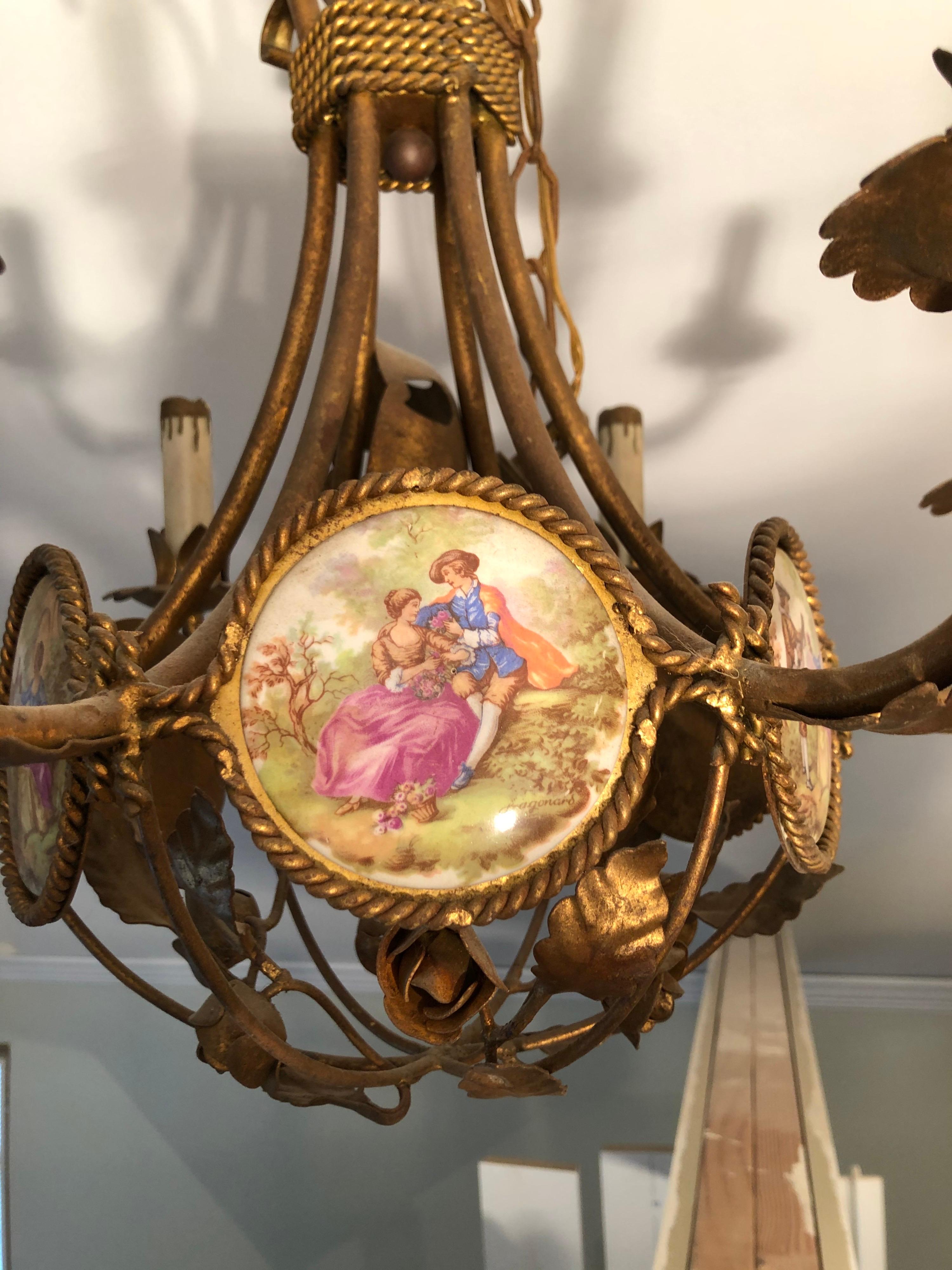 French Gilt Iron Chandelier with Porcelain Genre Scene Panels 3