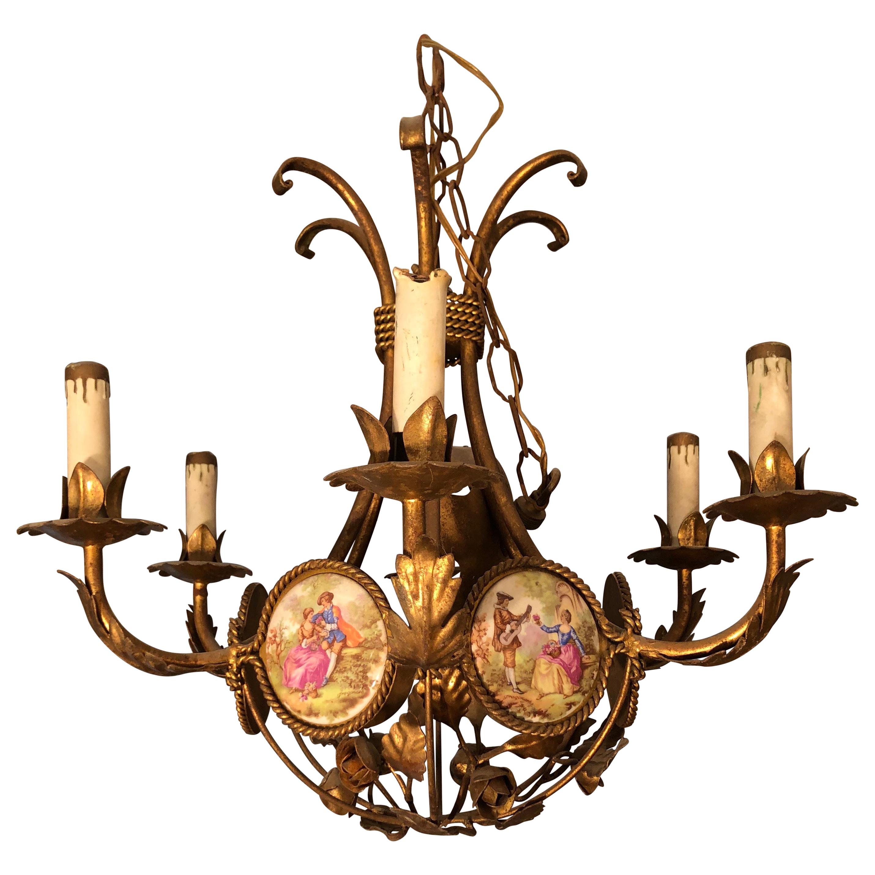 French Gilt Iron Chandelier with Porcelain Genre Scene Panels