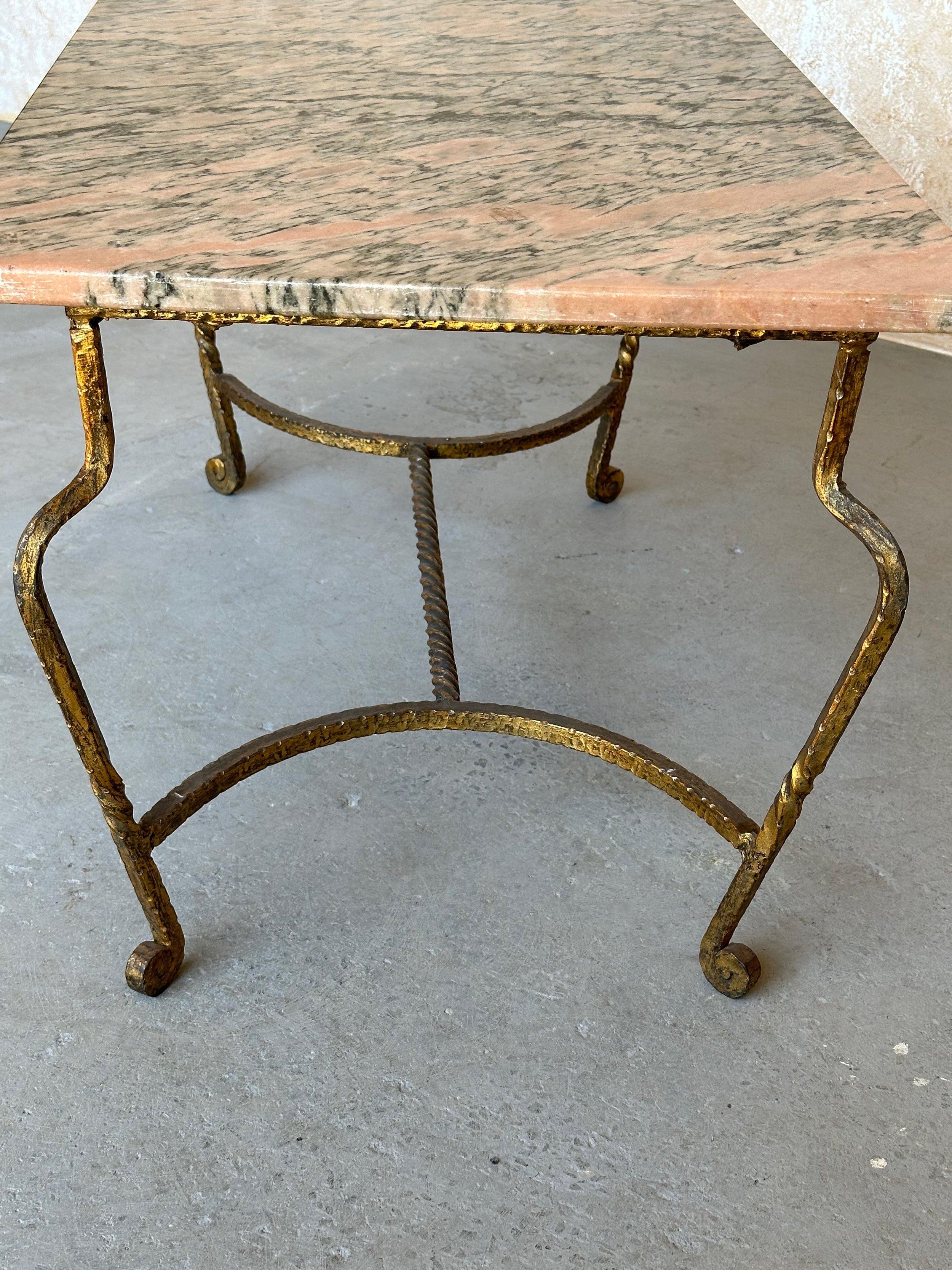 French Gilt Iron Coffee Table With Pink & Black Marble Top For Sale 8