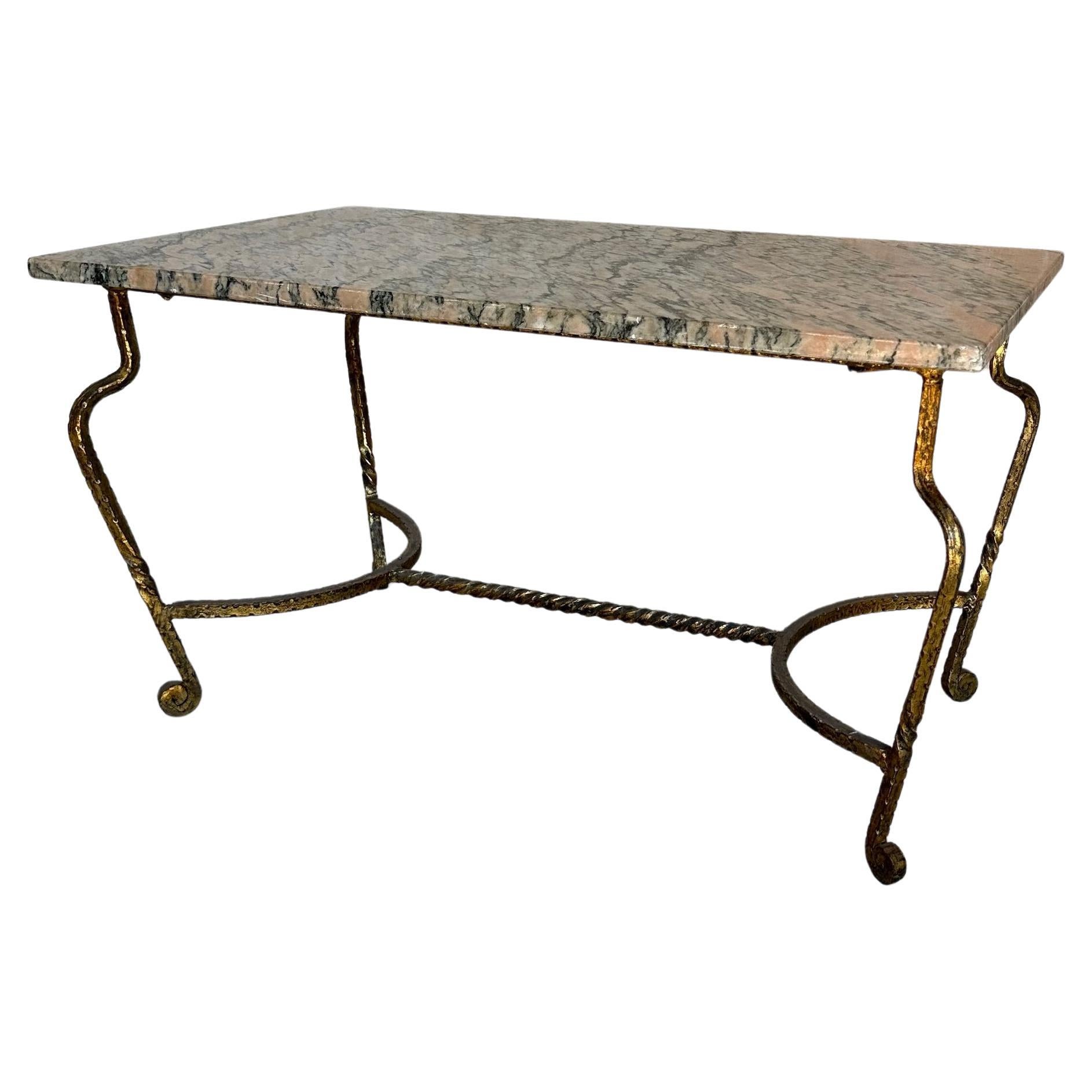 French Gilt Iron Coffee Table With Pink & Black Marble Top For Sale