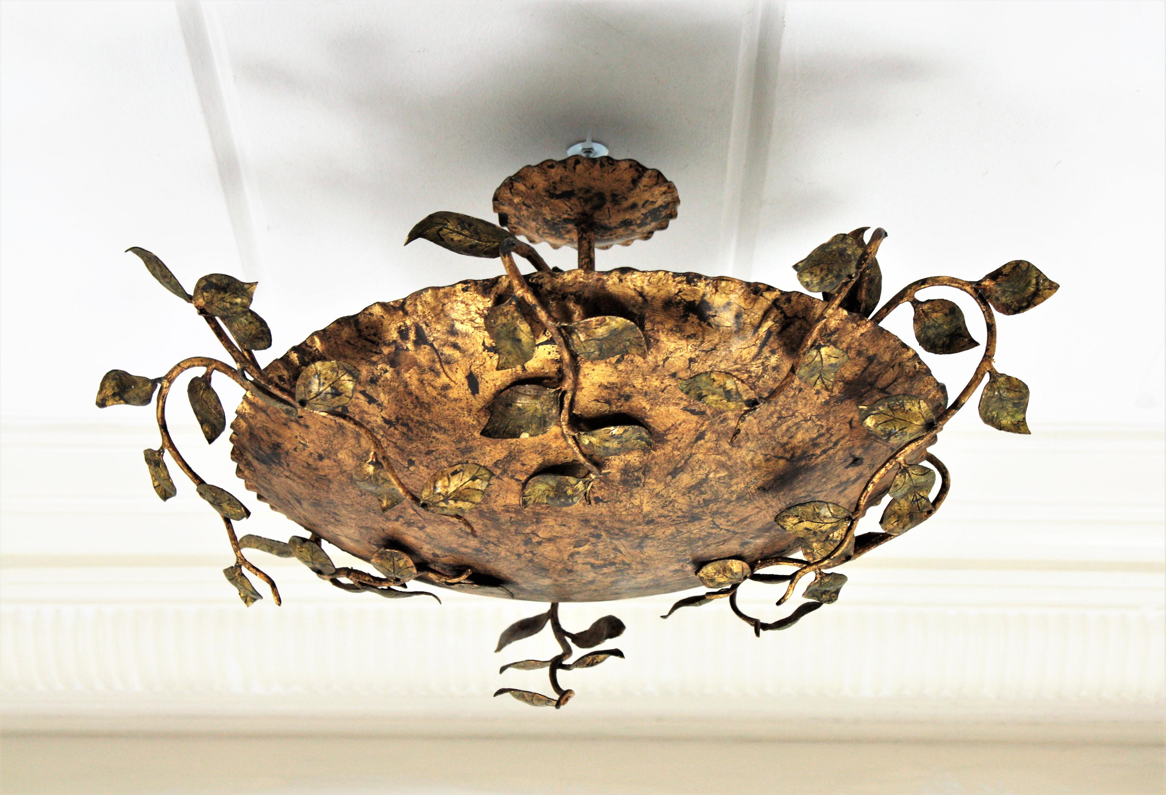 Mid-Century Modern Ceiling Flush Mount Light with Foliate Branches and Leaves Design, France, 1940s