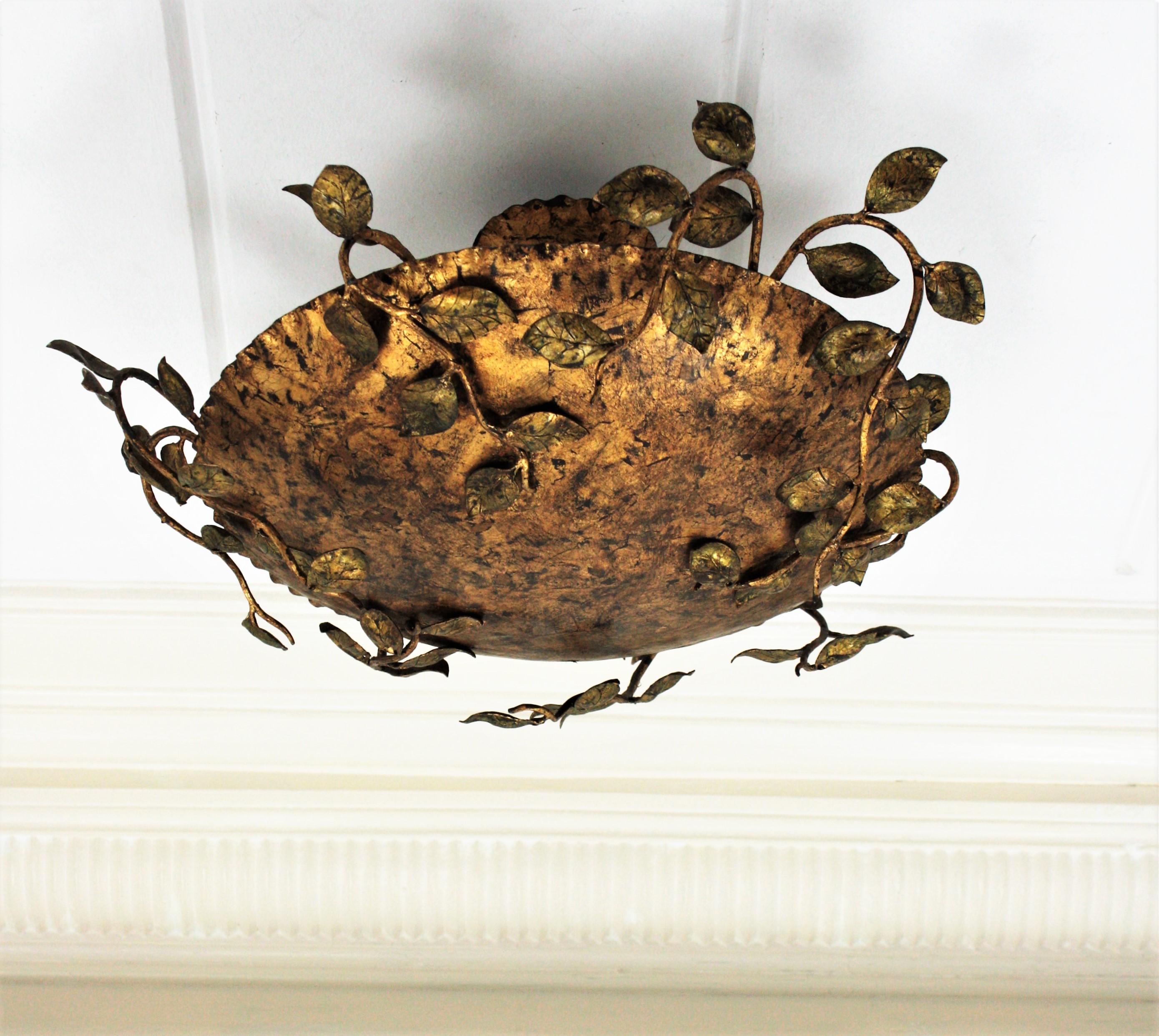 French Ceiling Flush Mount Light with Foliate Branches and Leaves Design, France, 1940s