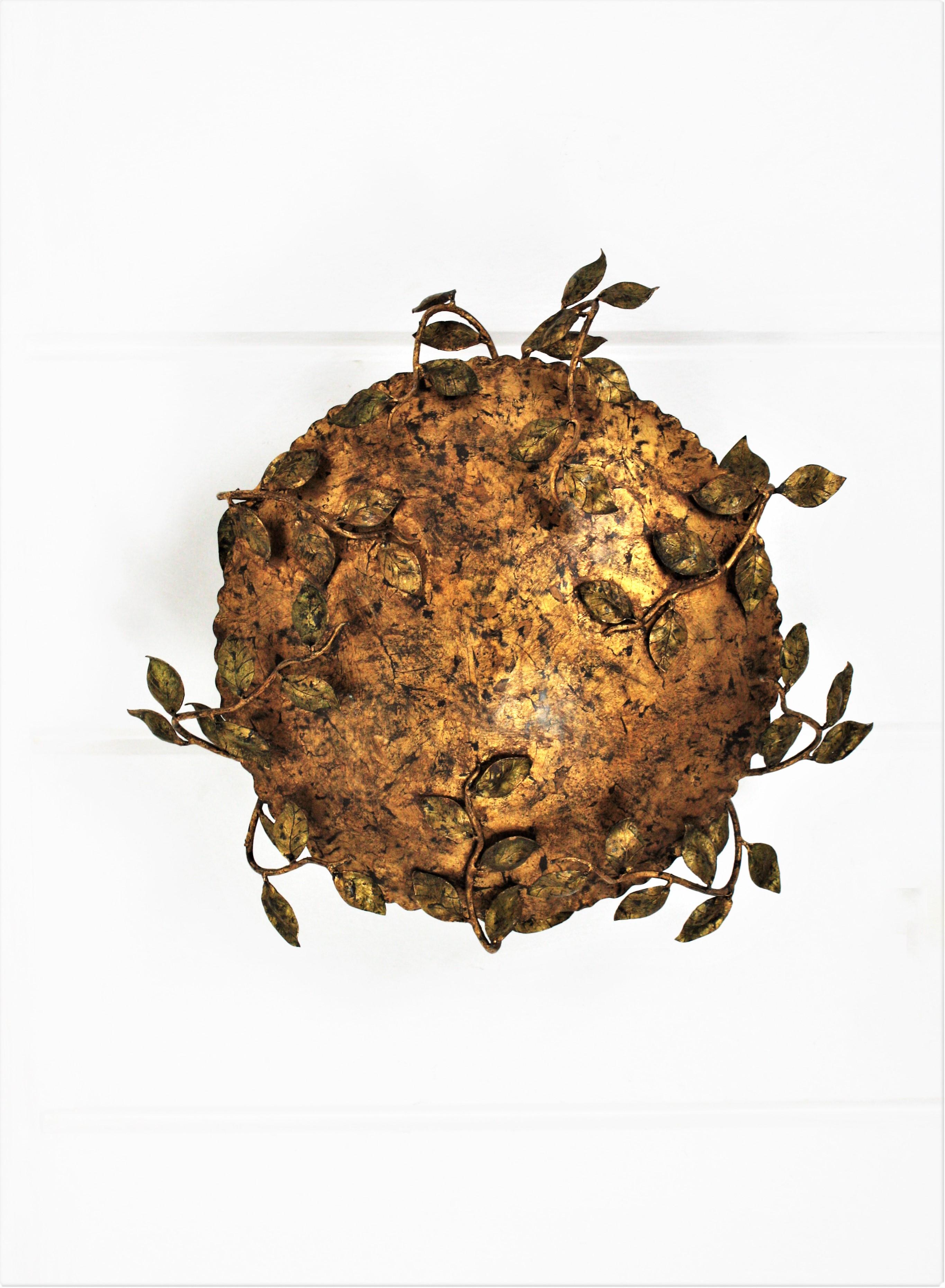 Gilt Ceiling Flush Mount Light with Foliate Branches and Leaves Design, France, 1940s