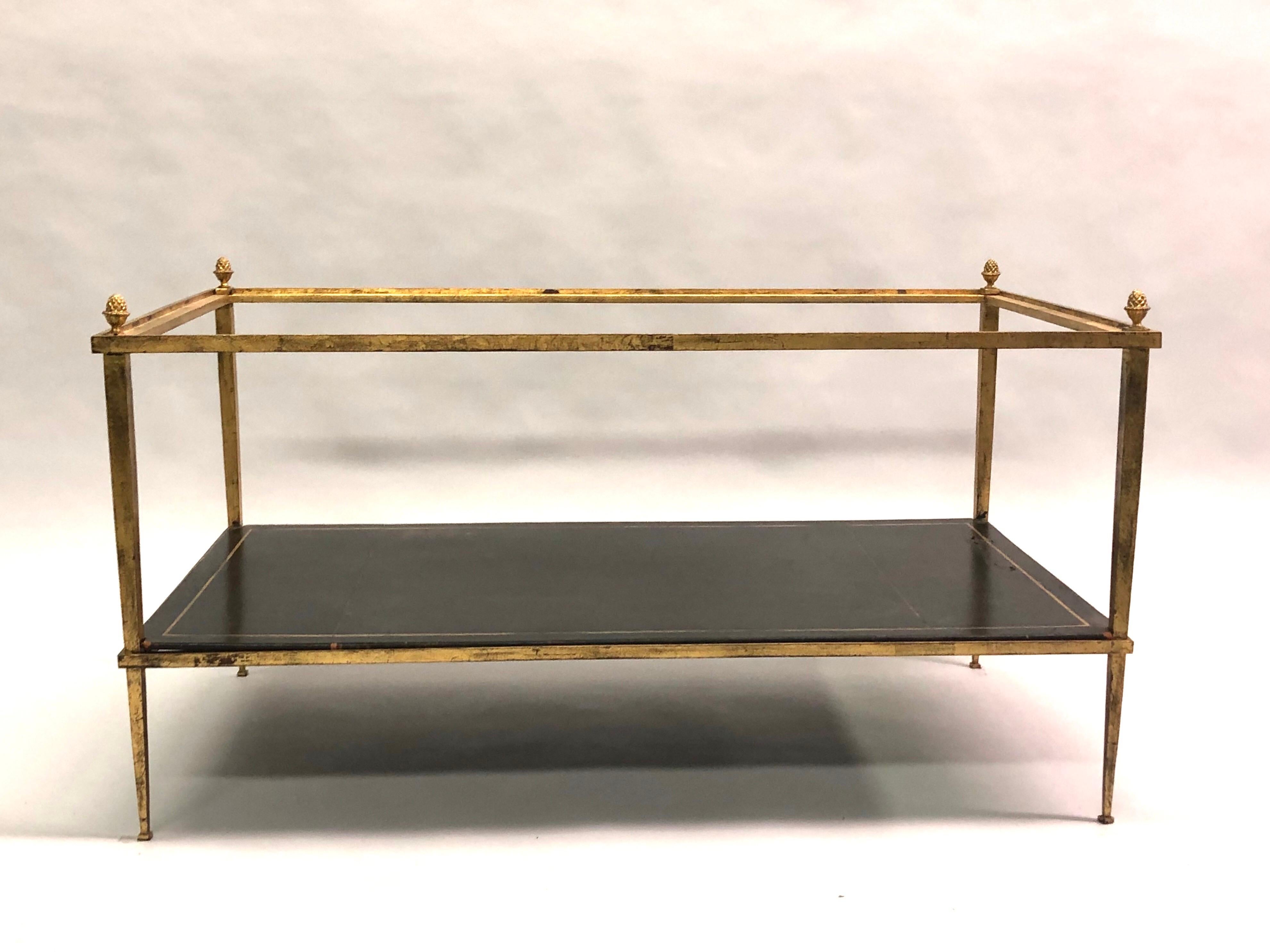 Mid-Century Modern French Gilt Iron and Leather Modern Neoclassical Cocktail Table by Maison Ramsay For Sale