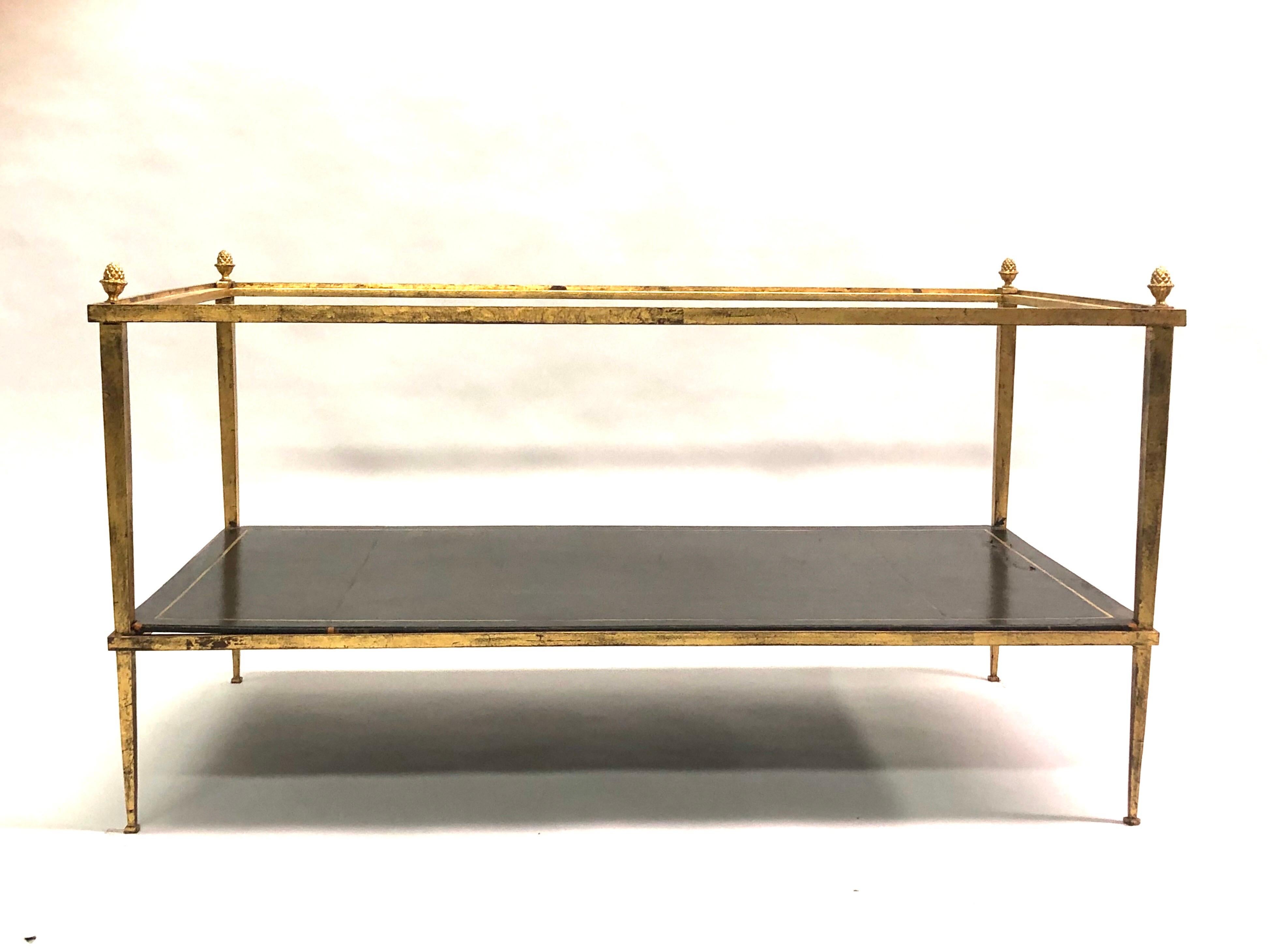 Embossed French Gilt Iron and Leather Modern Neoclassical Cocktail Table by Maison Ramsay For Sale