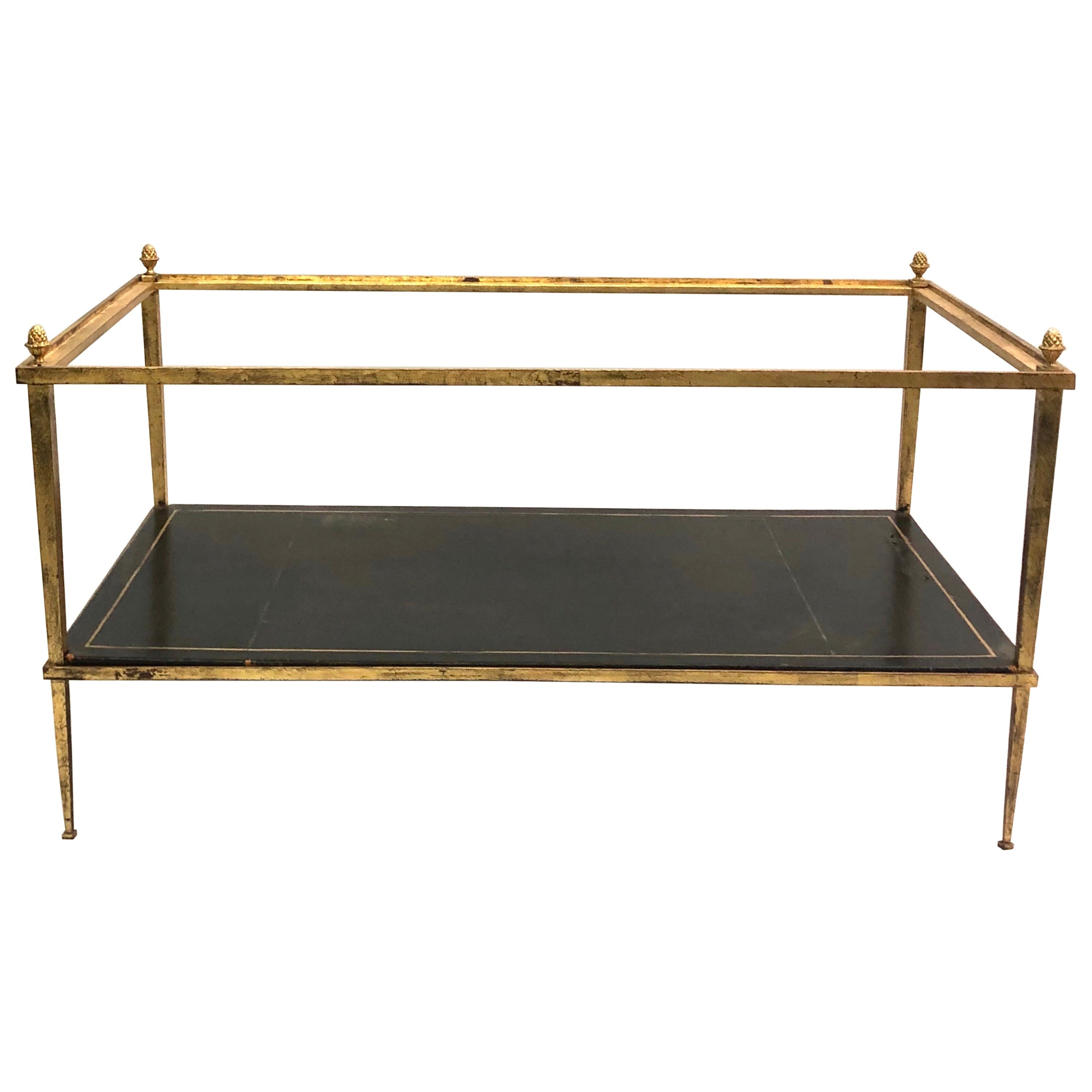 French Gilt Iron and Leather Modern Neoclassical Cocktail Table by Maison Ramsay