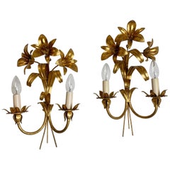 French Gilt Lily Flower Wall Lights, circa 1970s