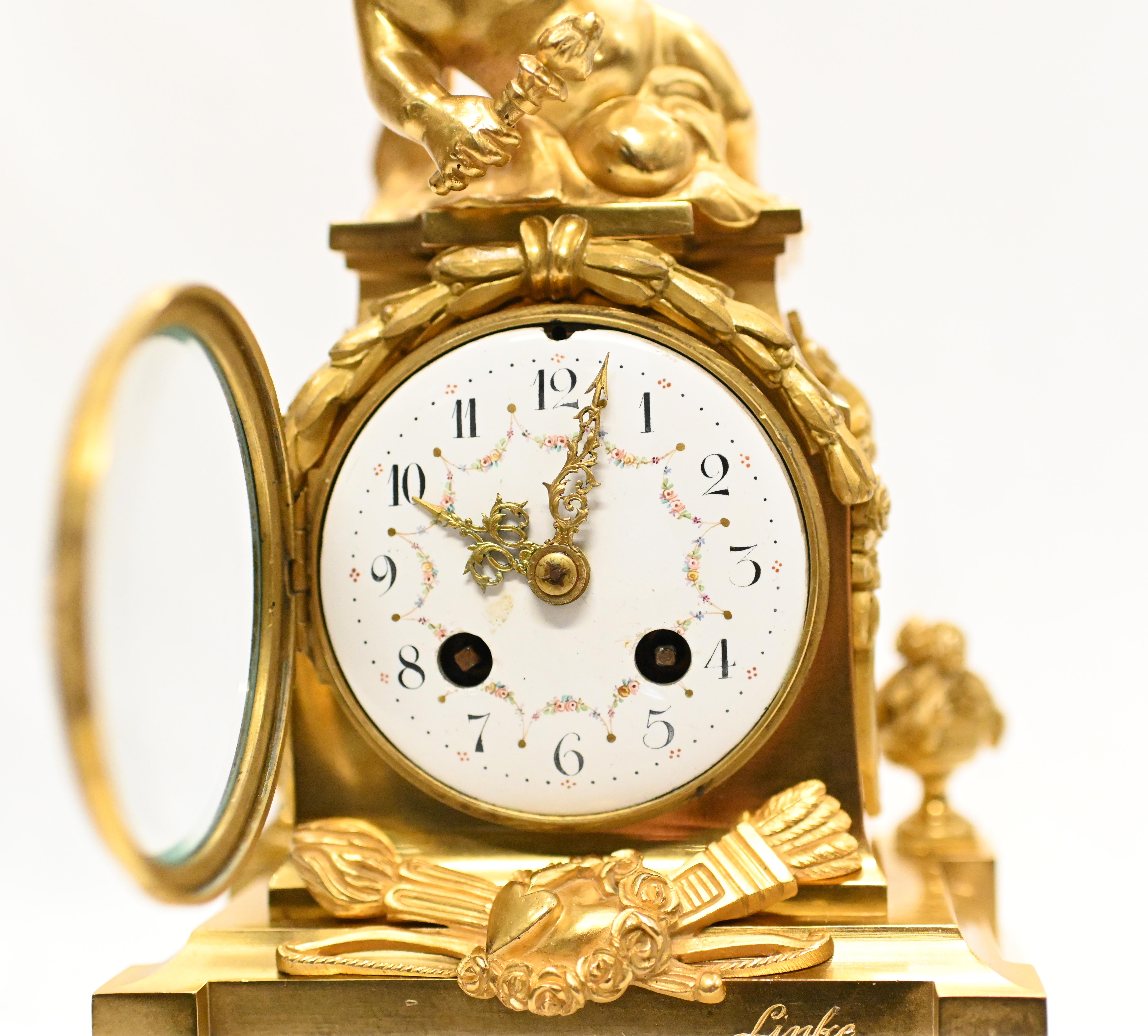 French Gilt Mantle Clock by Linke French 1890 Cherub In Good Condition For Sale In Potters Bar, GB
