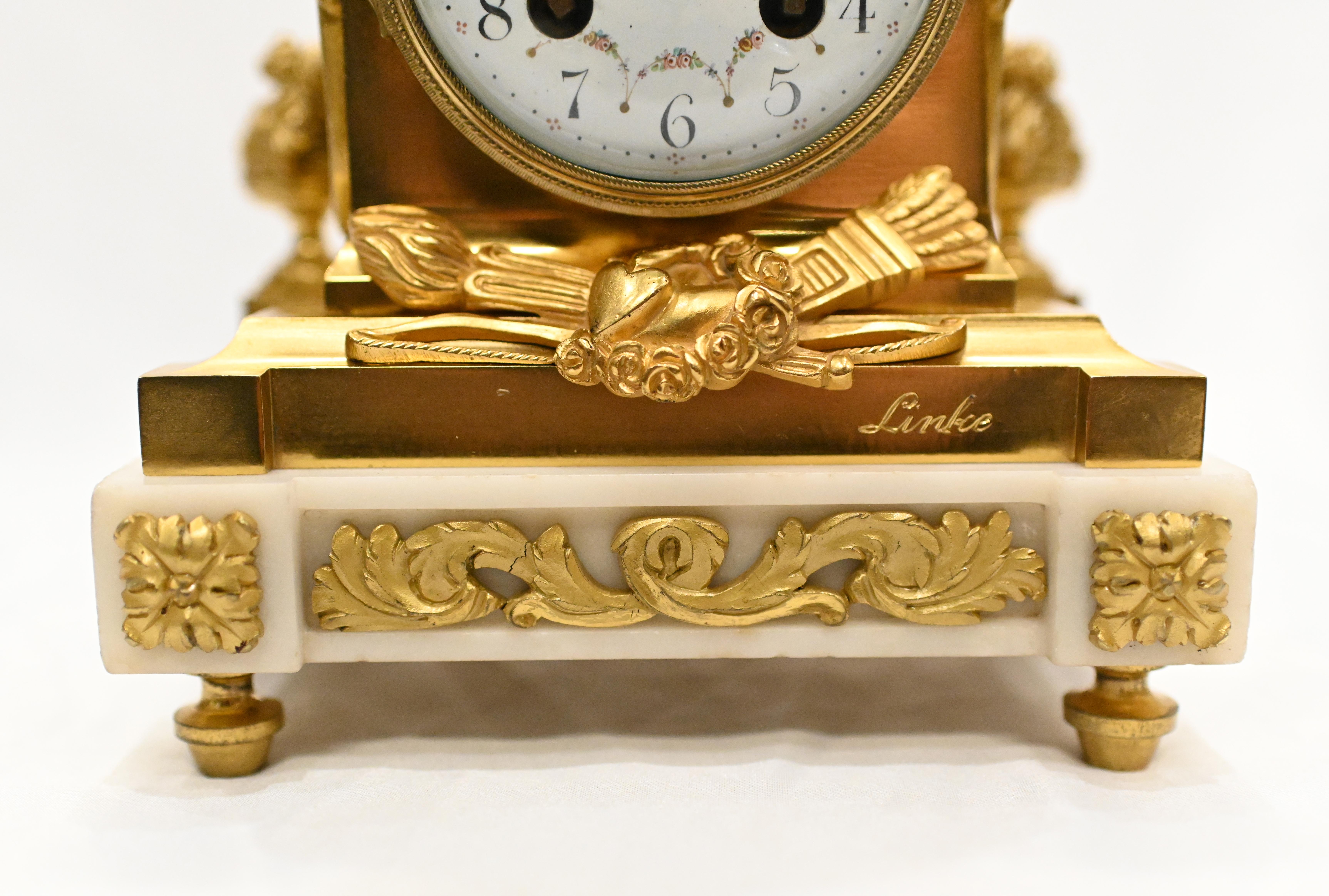 Glass French Gilt Mantle Clock by Linke French 1890 Cherub For Sale