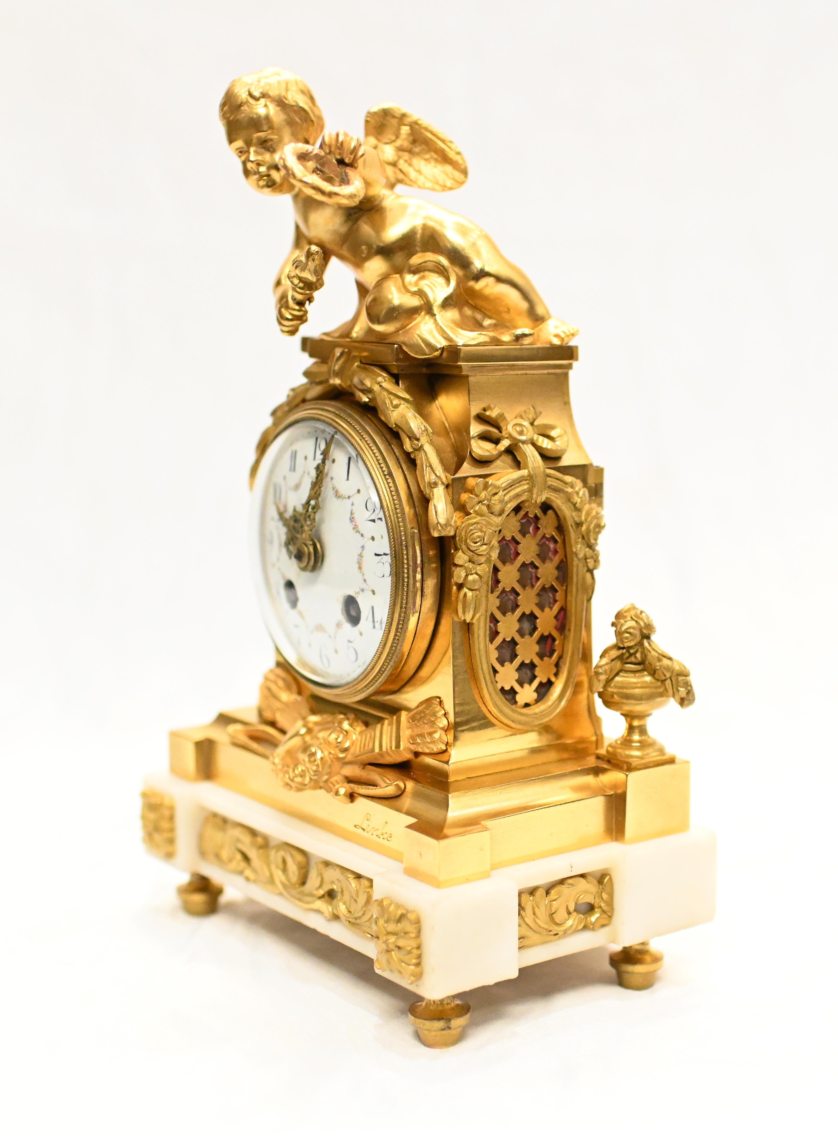 French Gilt Mantle Clock by Linke French 1890 Cherub For Sale 1