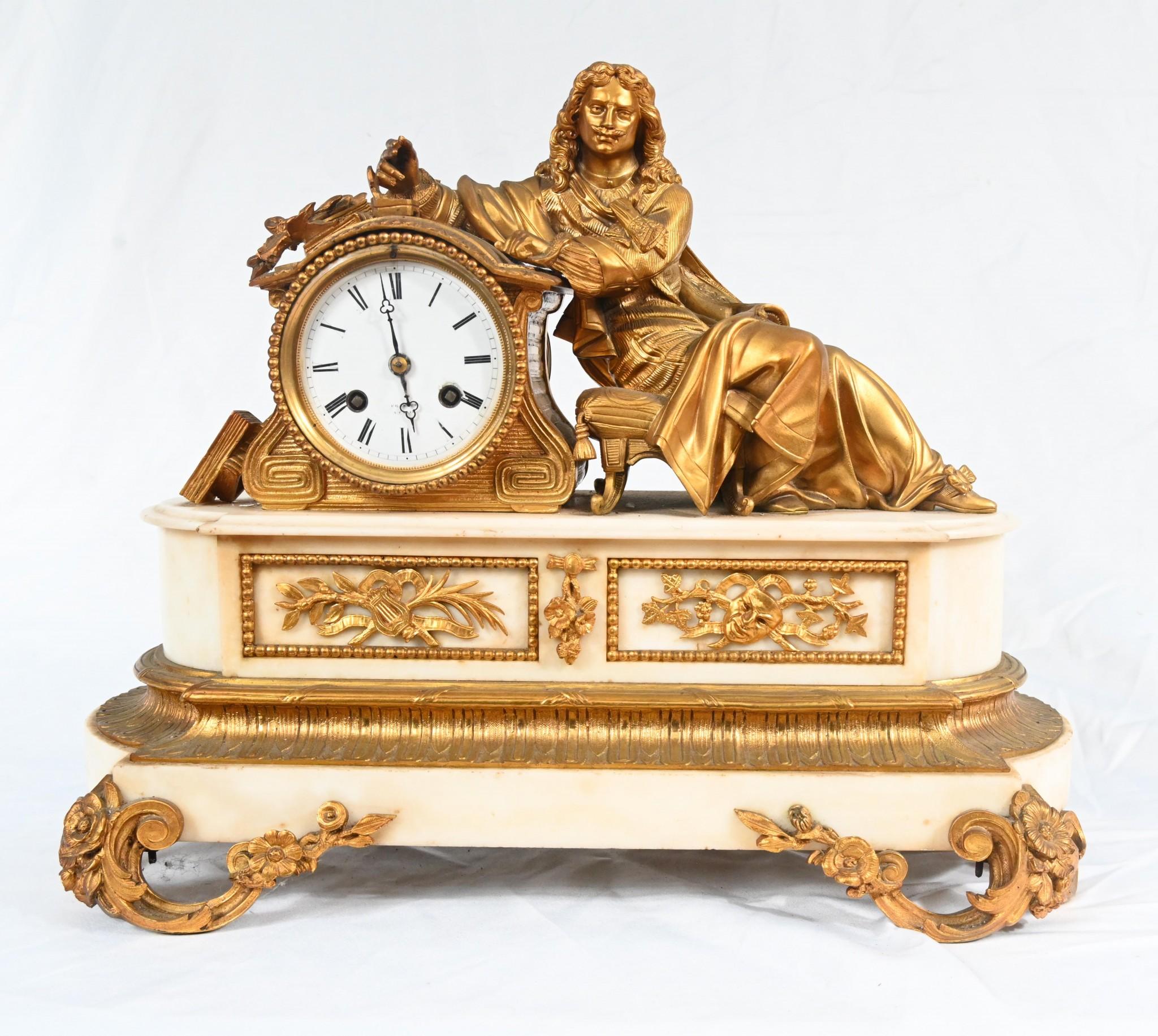 Late 19th Century French Gilt Mantle Clock Napoleon III Figurine