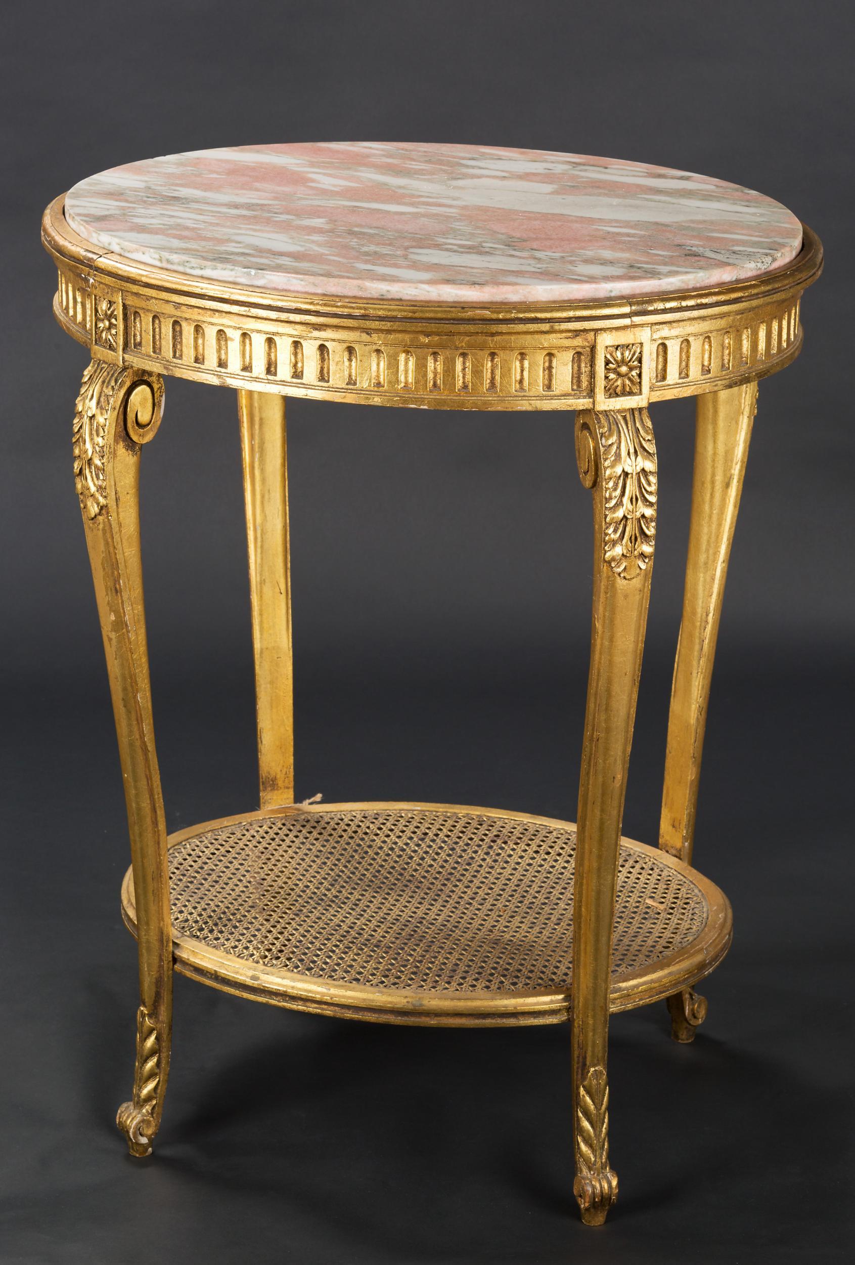French gilt marble side table with dentil moulding, carved outswept legs and rose marble oval top, c.1870