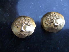 French Gilt Matte Metal Tree of Life Clip-on Earrings by Antigona Paris c 1980s