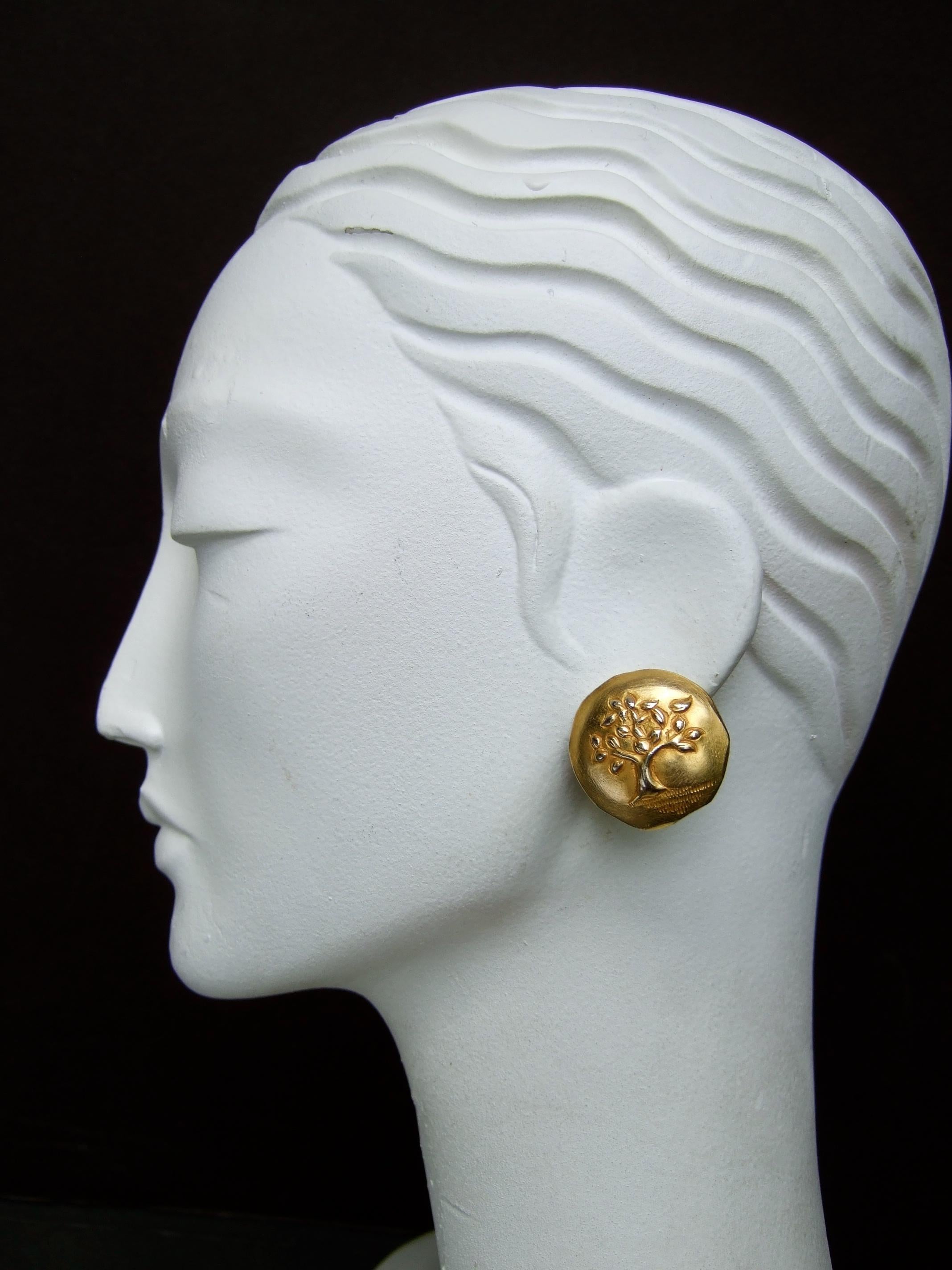 French Gilt Matte Metal Tree of Life Clip-on Earrings by Antigona Paris c 1980s  For Sale 1