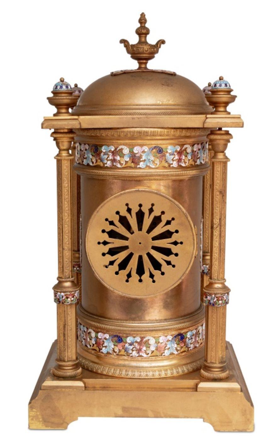 French Gilt Metal and Champleve Enamel Clock In Good Condition For Sale In Astoria, NY