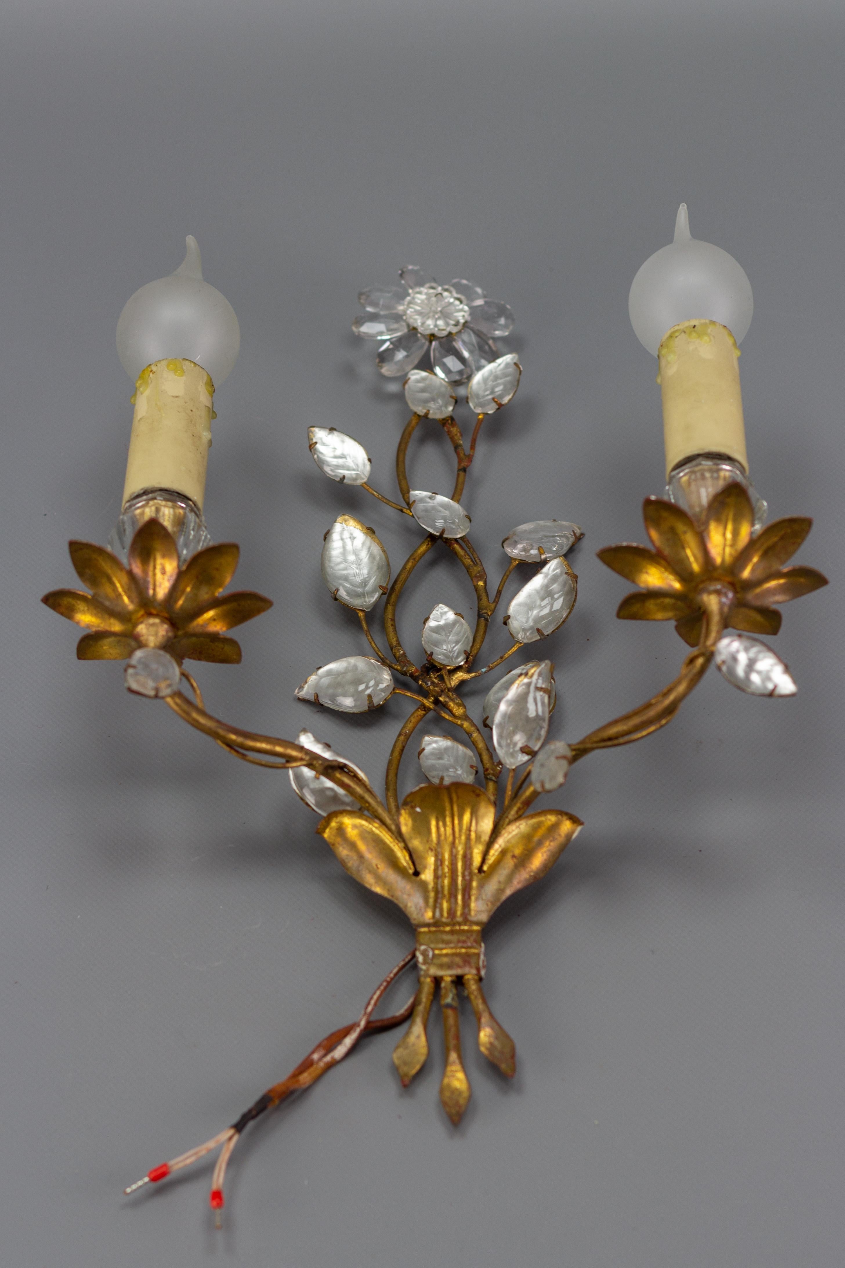 Hollywood Regency French Gilt Metal and Crystal Two-Light Wall Sconce by Maison Baguès
