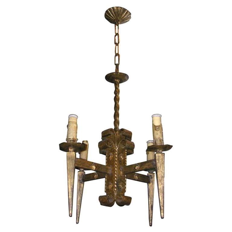 French Gilt Metal Brutalist style Chandelier, 1940s