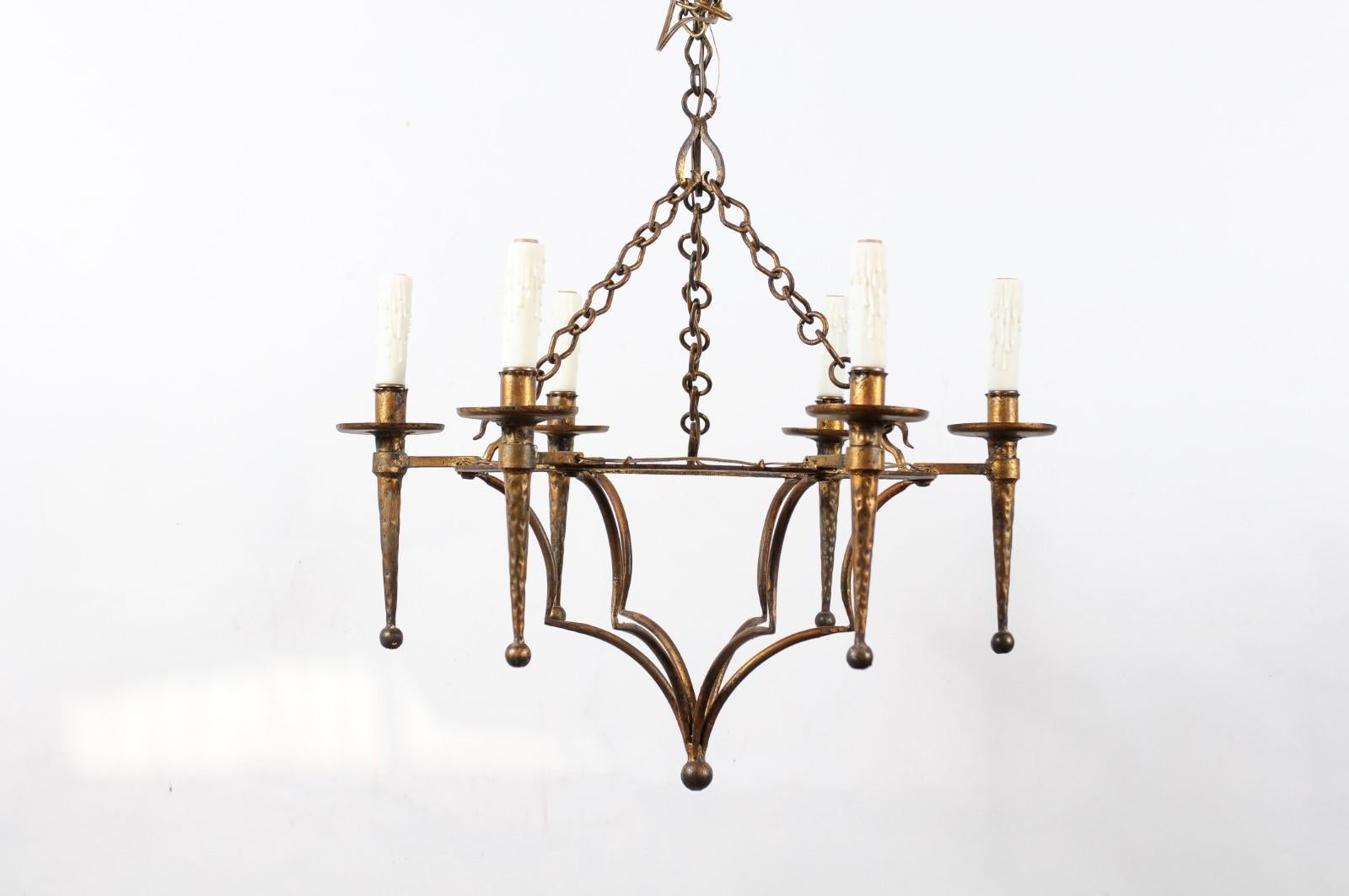French Gilt Metal Chandelier with 6 Lights, 20th Century In Good Condition In Atlanta, GA