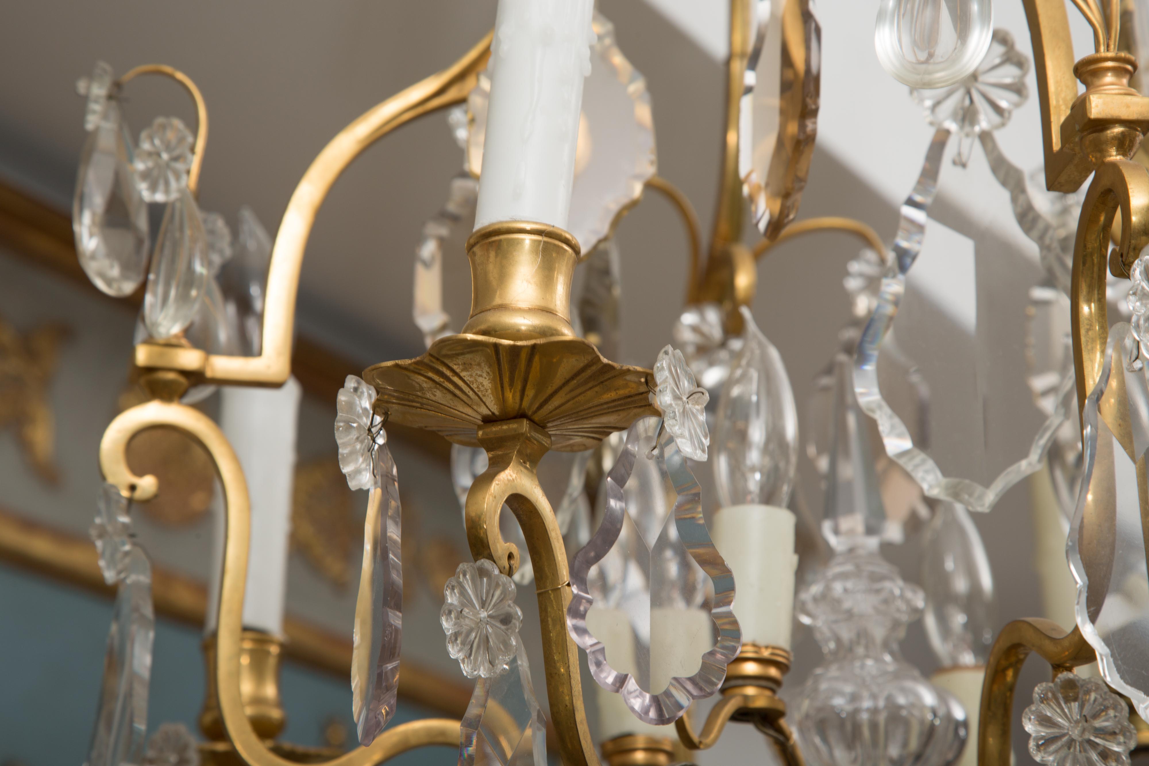 Louis XVI French Gilt Metal Chandelier with Crystal Drops