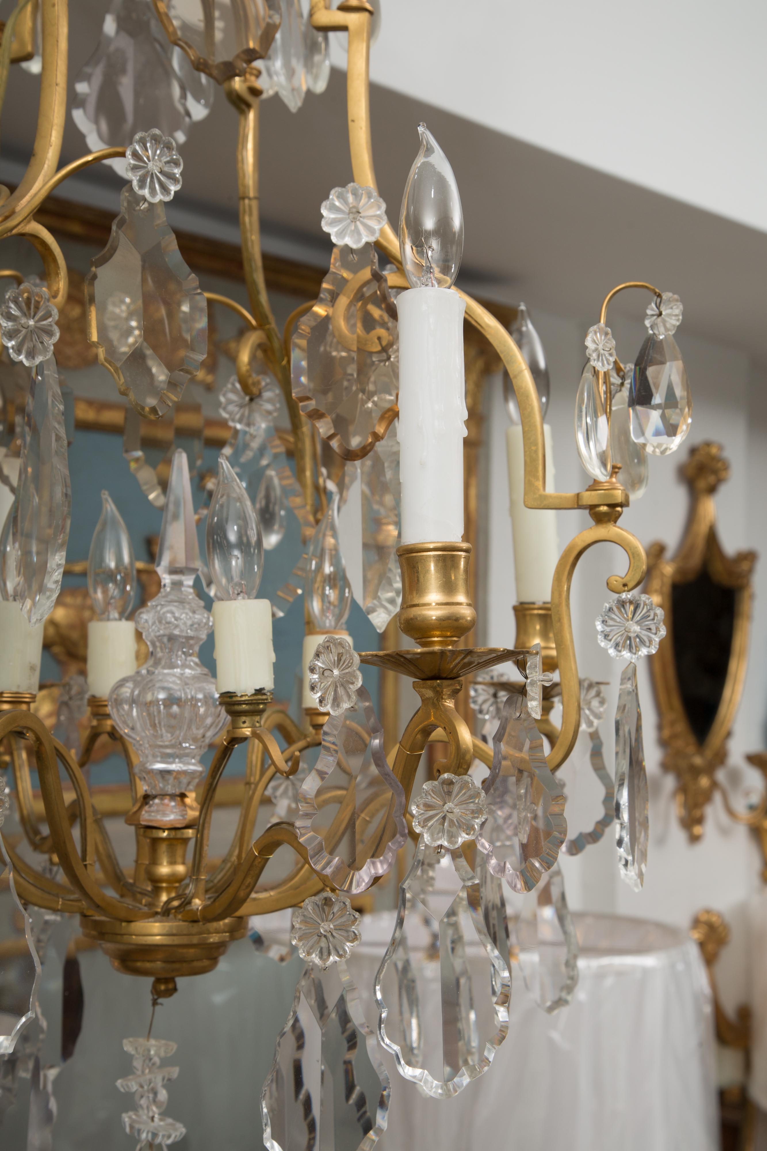 French Gilt Metal Chandelier with Crystal Drops 1