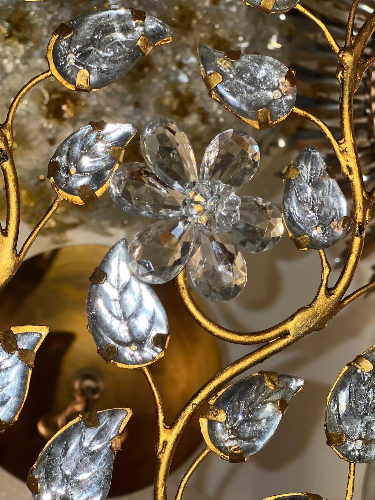 Mid-20th Century French Gilt Metal Chandelier with Glass Leaves For Sale