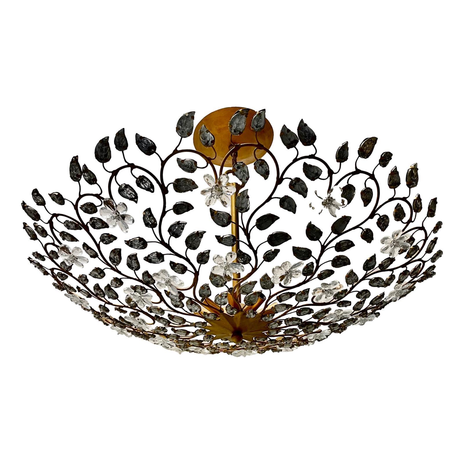 French Gilt Metal Chandelier with Glass Leaves For Sale 1
