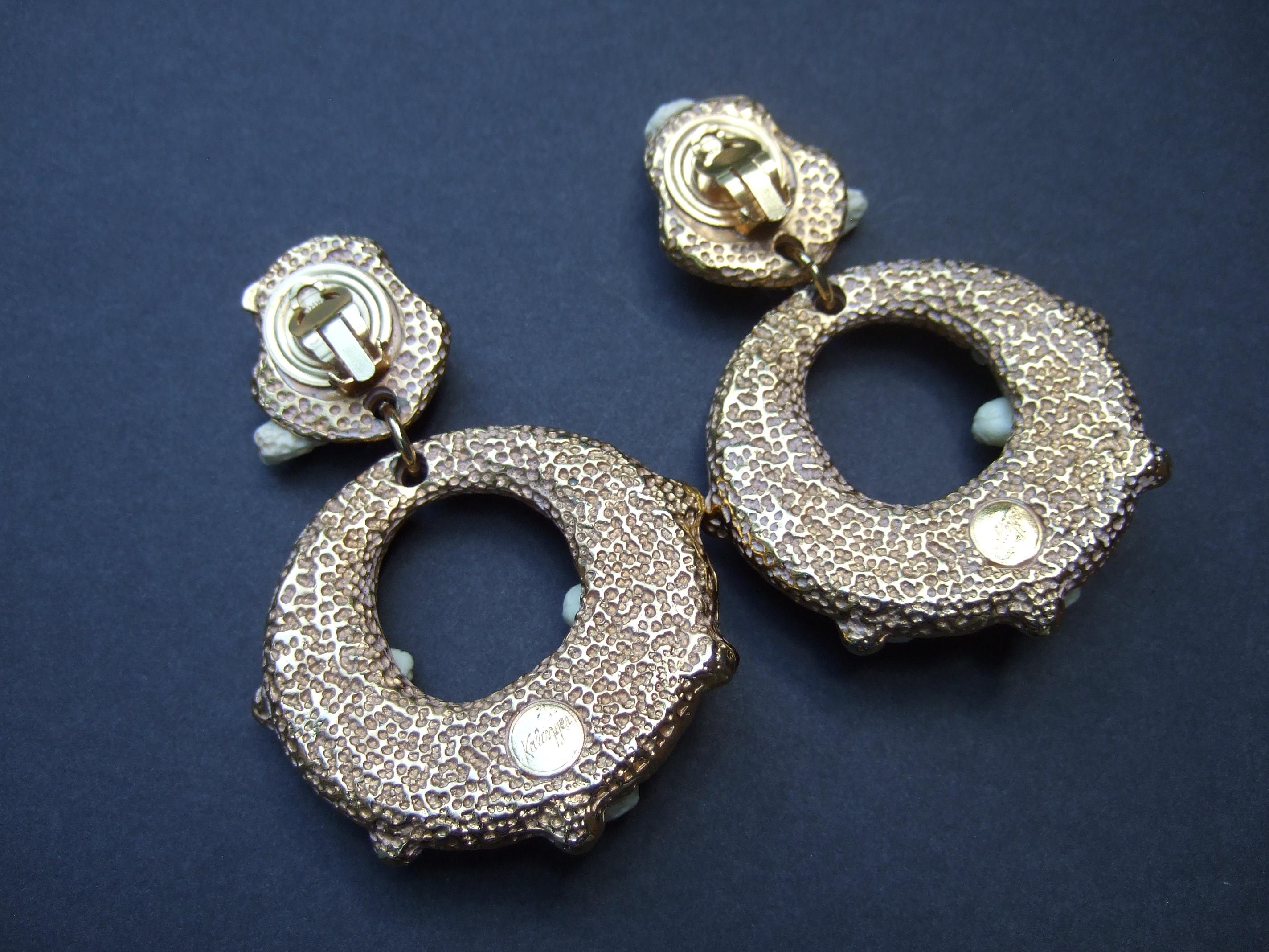French Gilt Metal Crystal Resin Articulated Clip-on Statement Earrings c 1980s For Sale 5