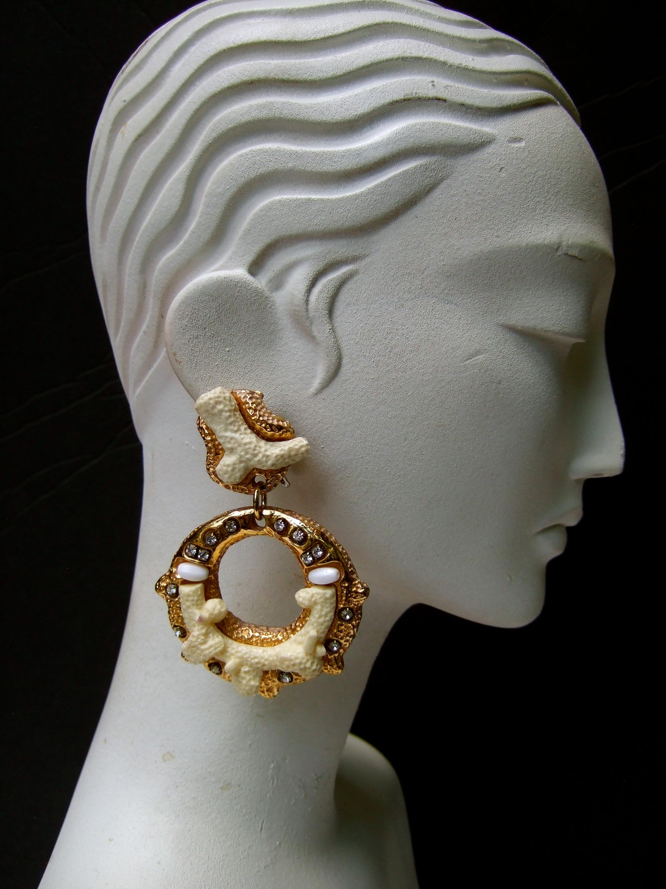 Artisan French Gilt Metal Crystal Resin Articulated Clip-on Statement Earrings c 1980s For Sale