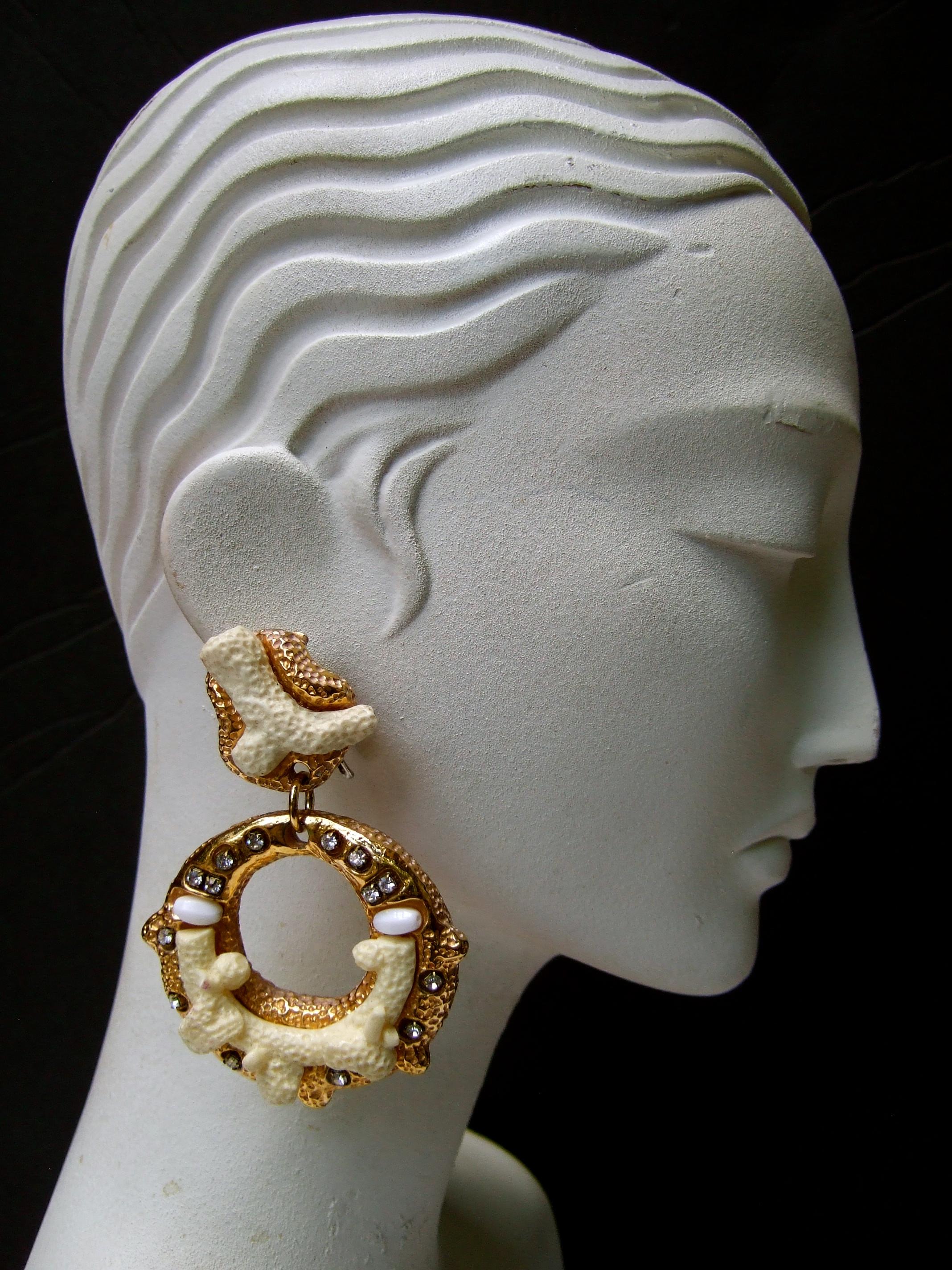 French Gilt Metal Crystal Resin Articulated Clip-on Statement Earrings c 1980s For Sale 2