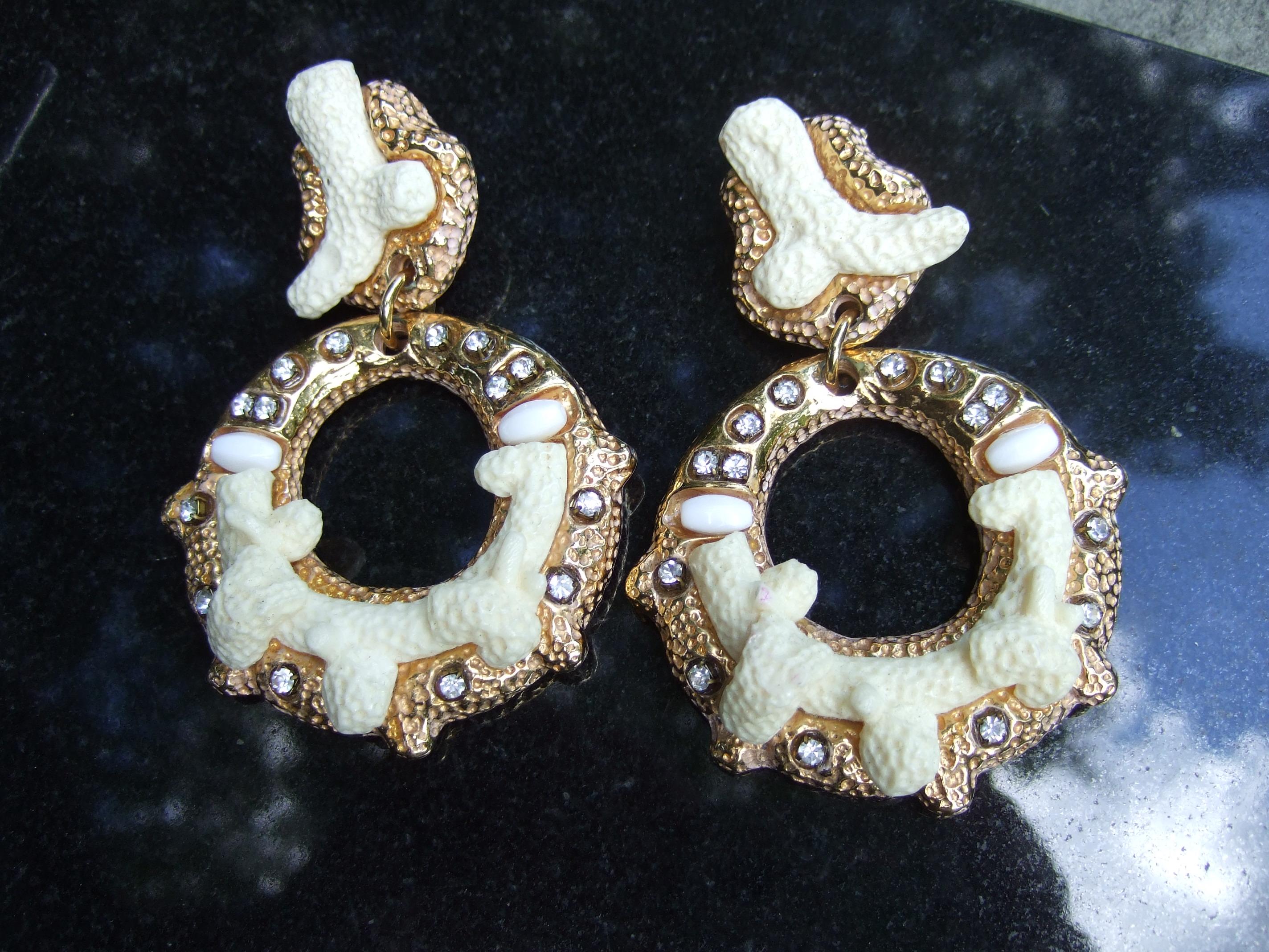 French Gilt Metal Crystal Resin Articulated Clip-on Statement Earrings c 1980s For Sale 4