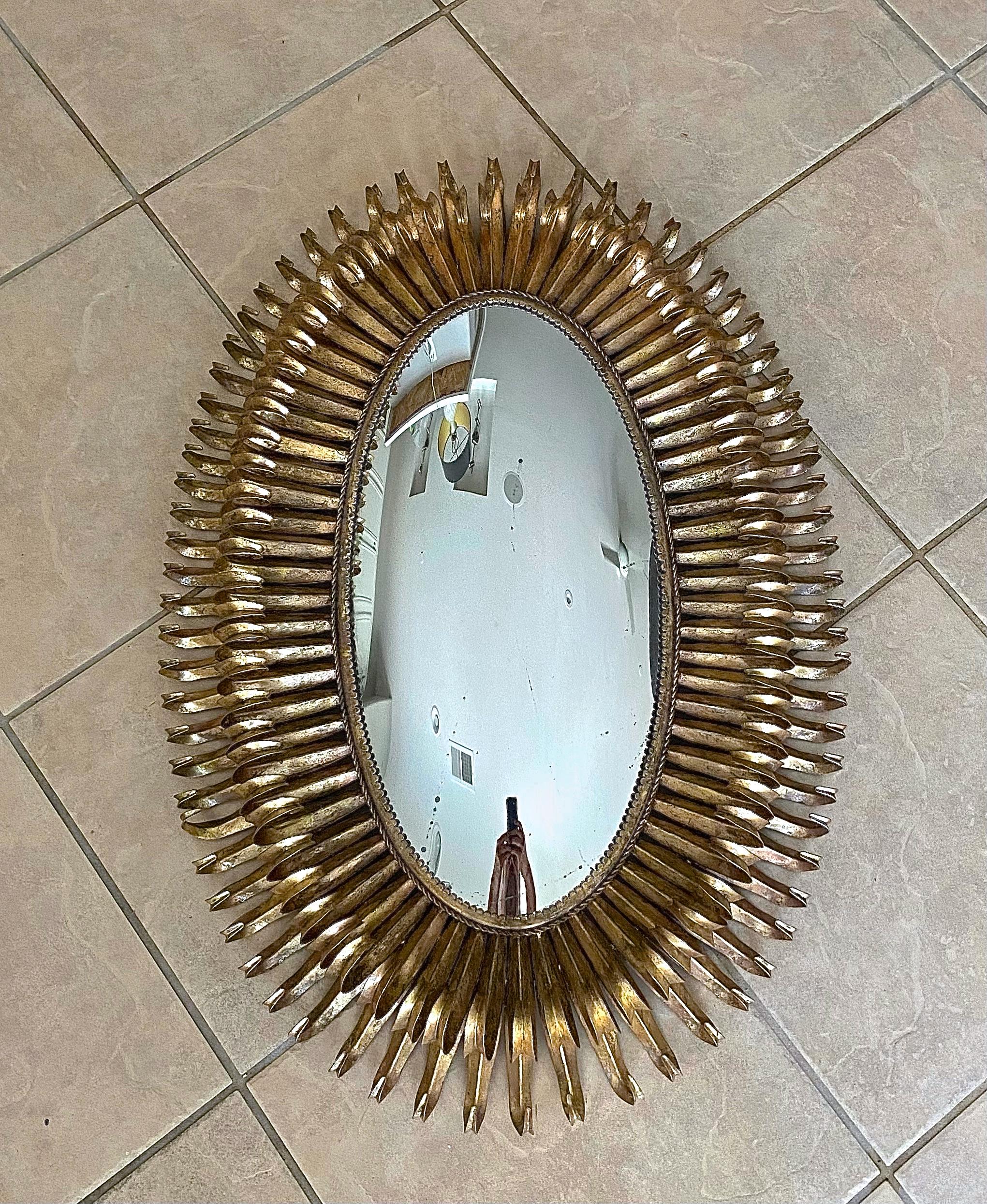 French Gilt Metal Eyelash Sunburst Convex Wall Mirror 9