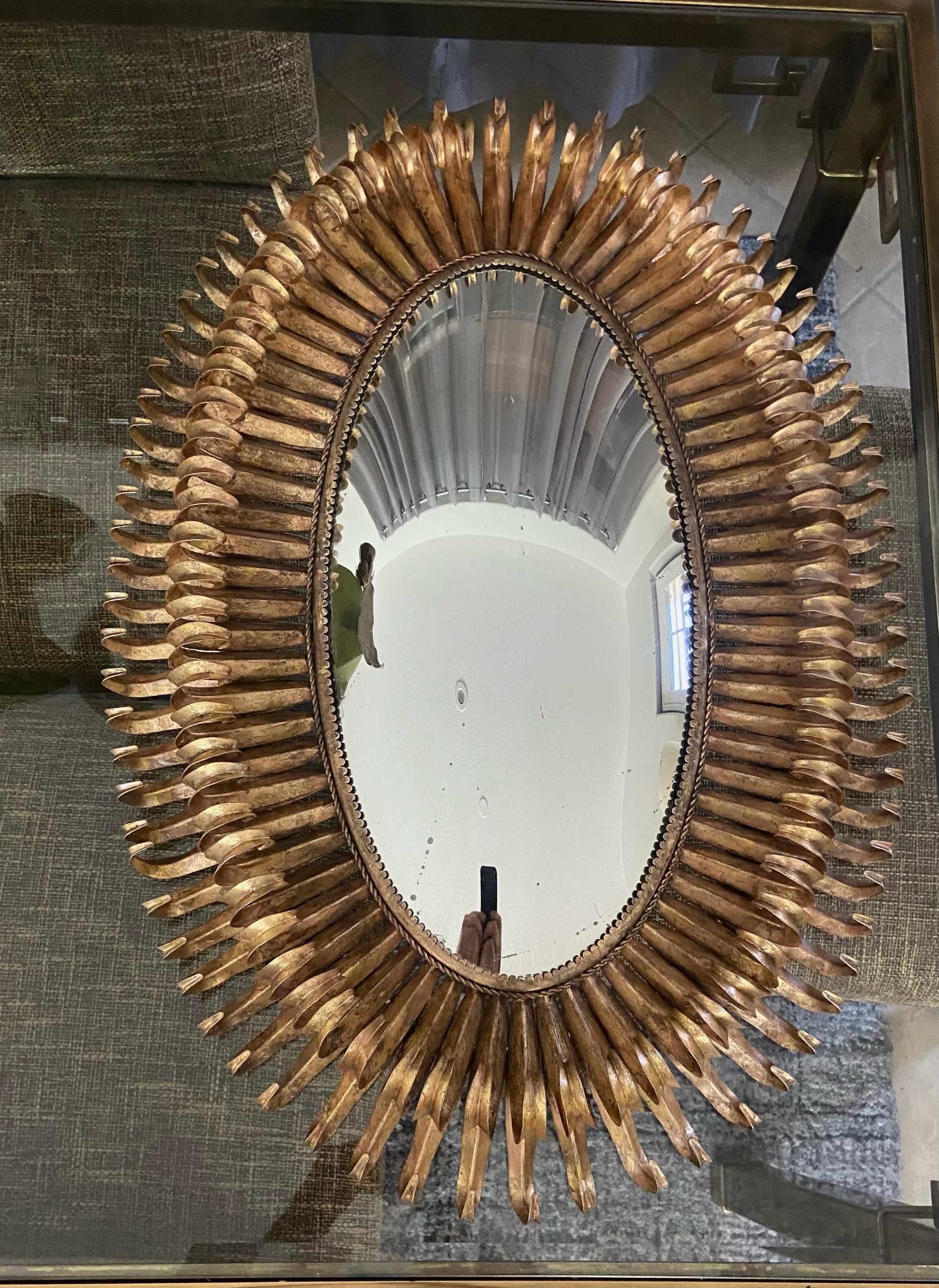 French Gilt Metal Eyelash Sunburst Convex Wall Mirror 13