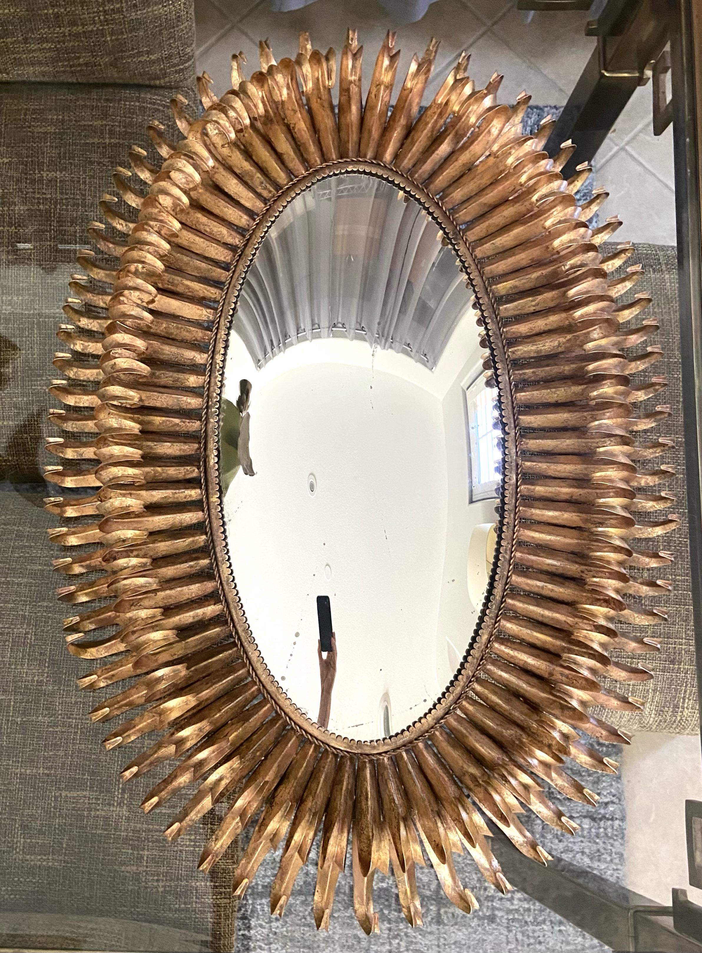 Mid-20th Century French Gilt Metal Eyelash Sunburst Convex Wall Mirror