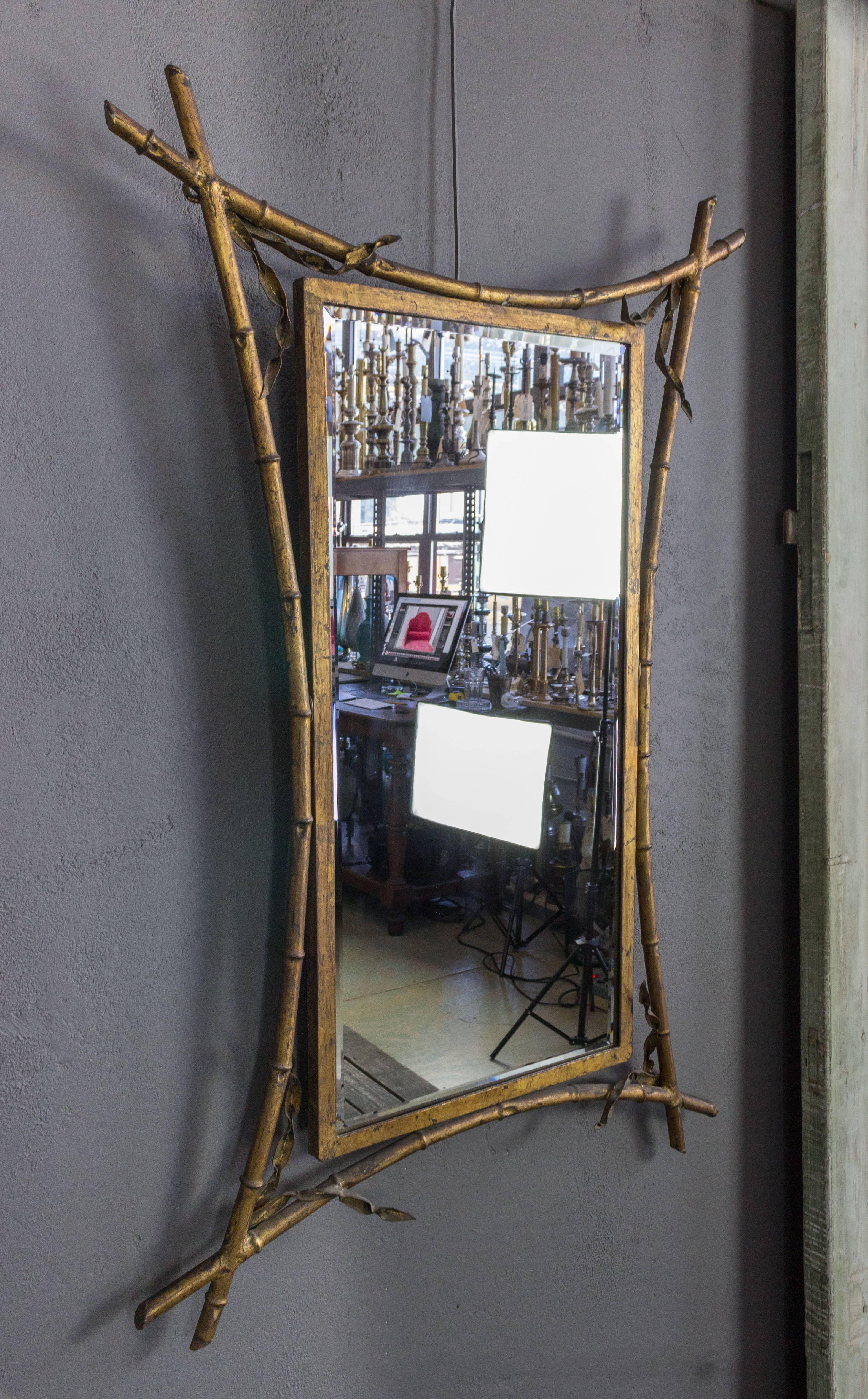 Early 20th Century French Gilt Metal Faux Bamboo Mirror For Sale