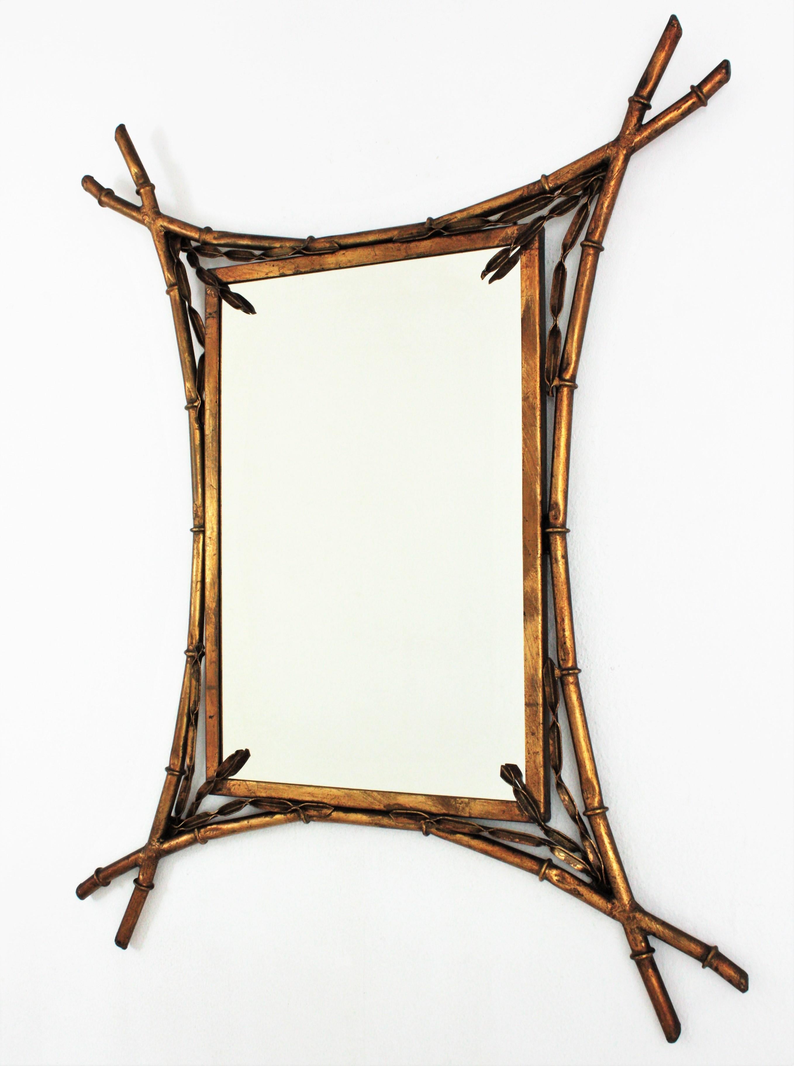 Hollywood Regency French Faux Bamboo Mirror in Gilt Metal, Maison Baguès Style For Sale