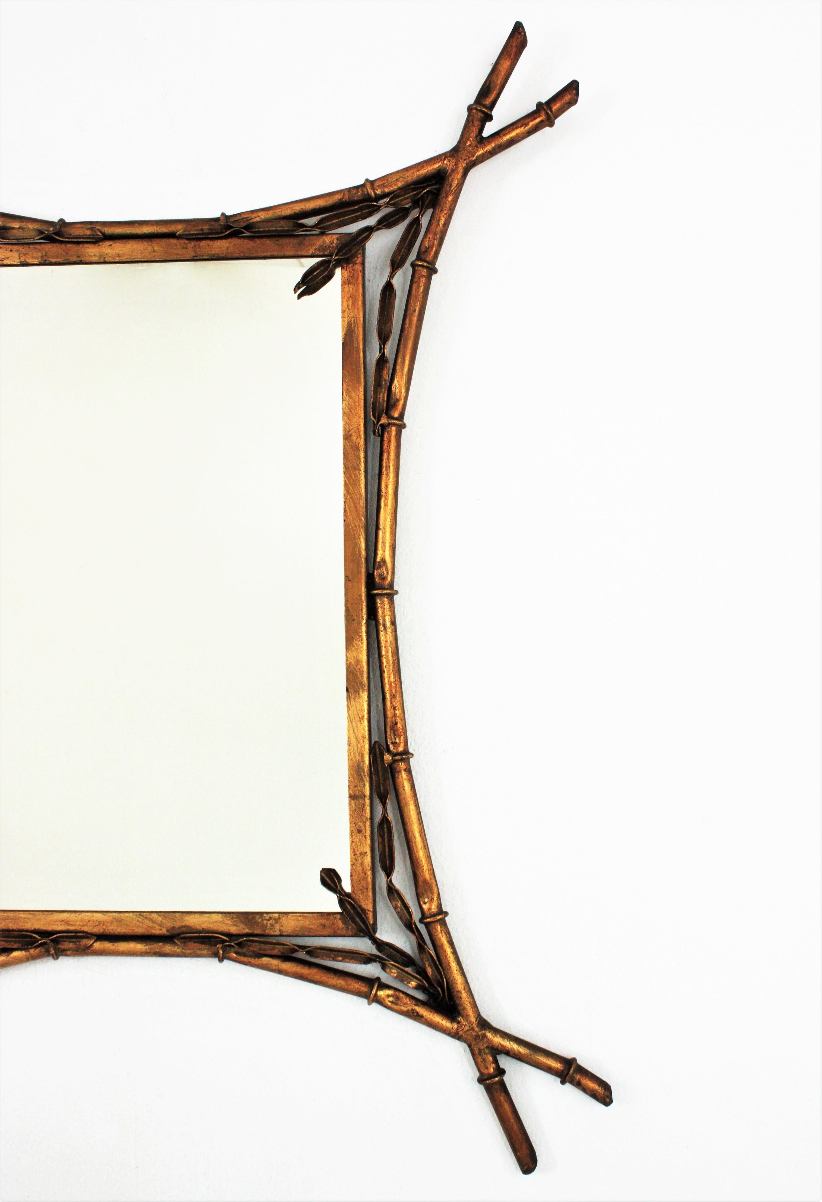 20th Century French Faux Bamboo Mirror in Gilt Metal, Maison Baguès Style For Sale