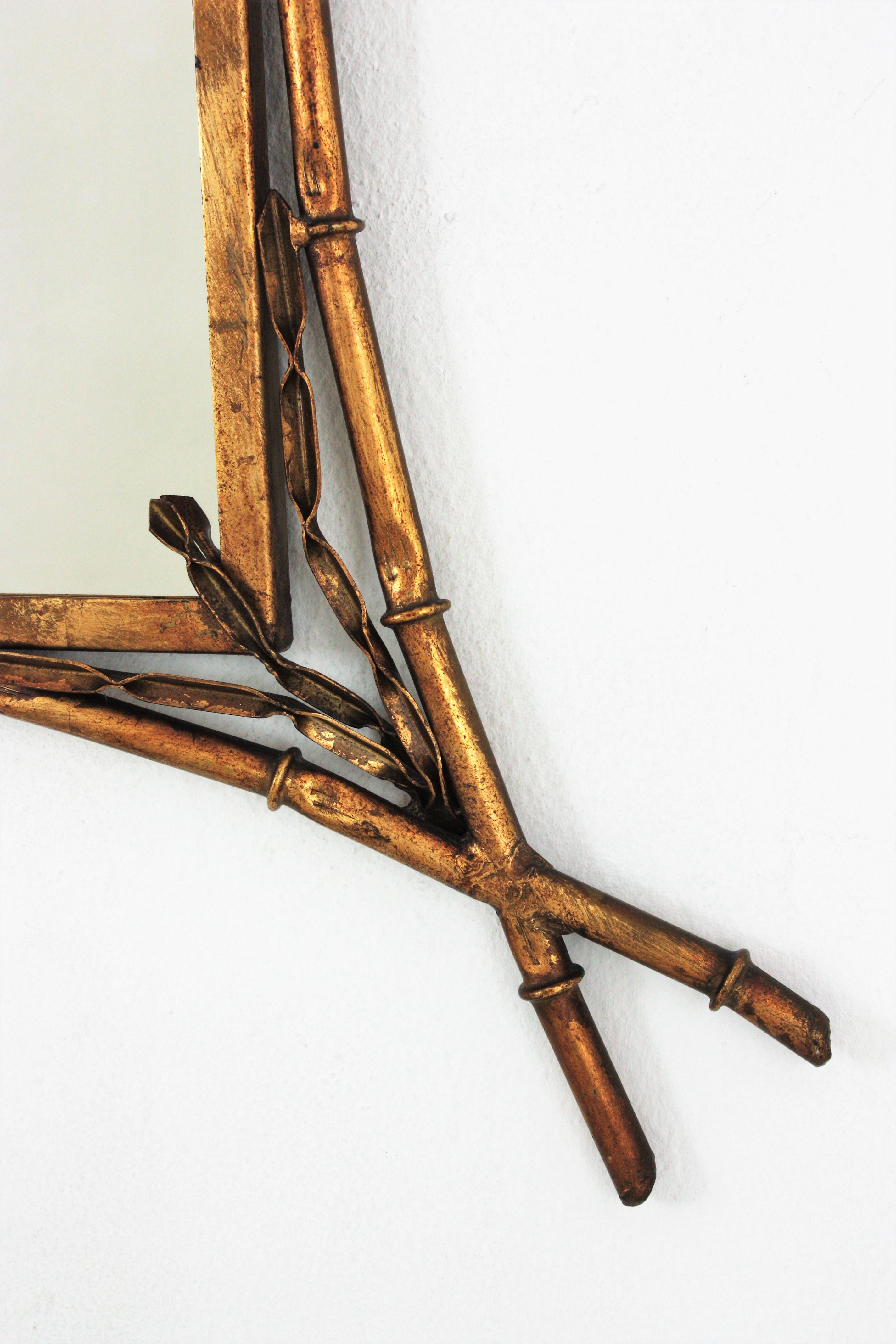 French Faux Bamboo Gilt Iron Wall Mirror with Leaf Details, Maison Baguès Style For Sale 2