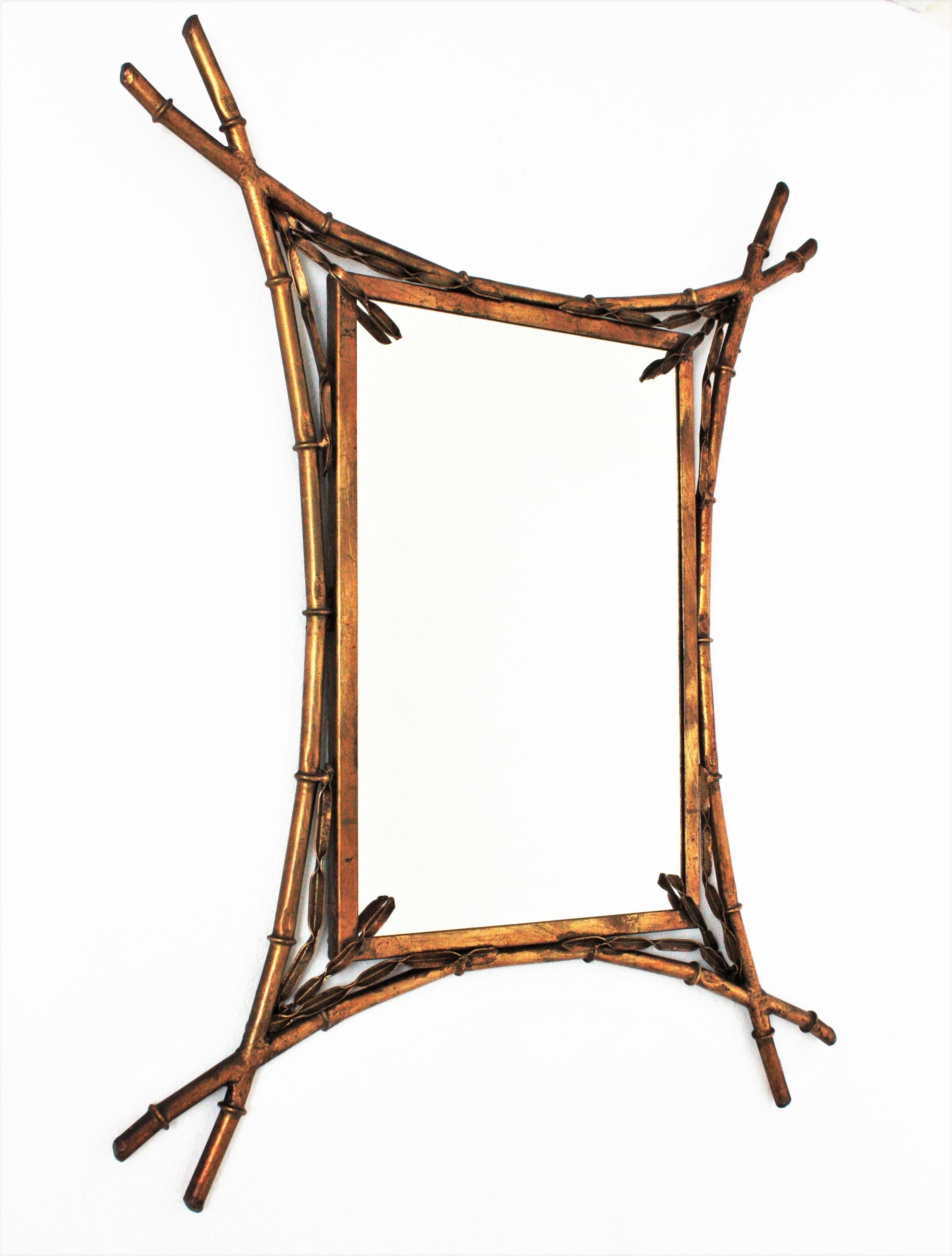 French Faux Bamboo Mirror in Gilt Metal, Maison Baguès Style For Sale 2