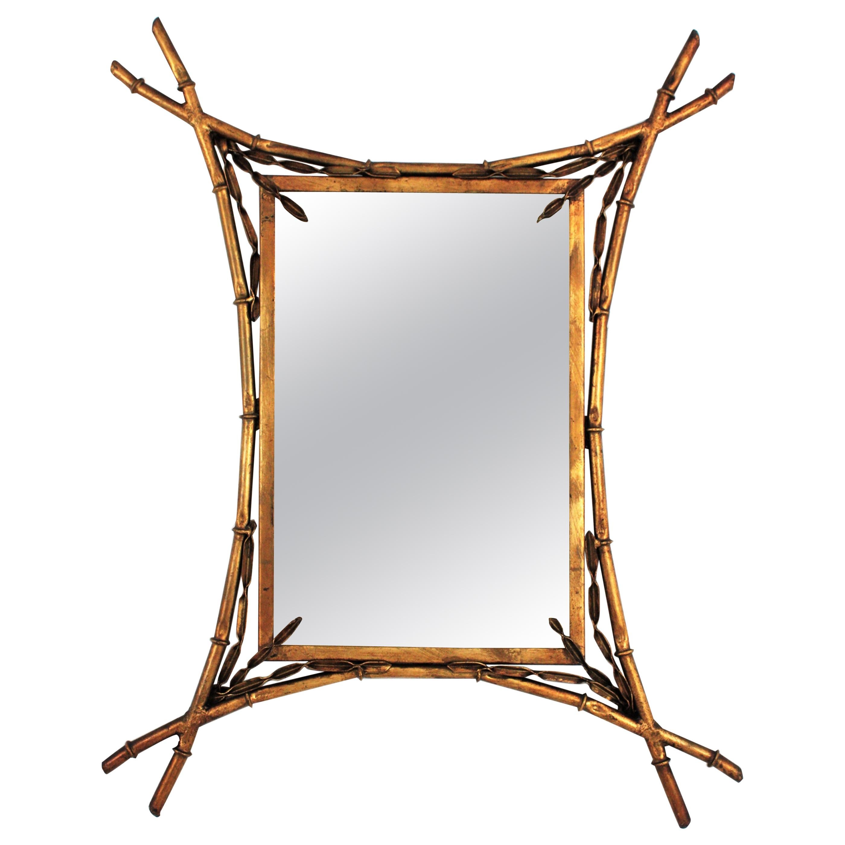 French Faux Bamboo Mirror in Gilt Metal, Maison Baguès Style