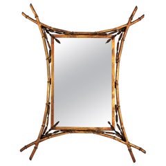 French Faux Bamboo Gilt Iron Wall Mirror with Leaf Details, Maison Baguès Style