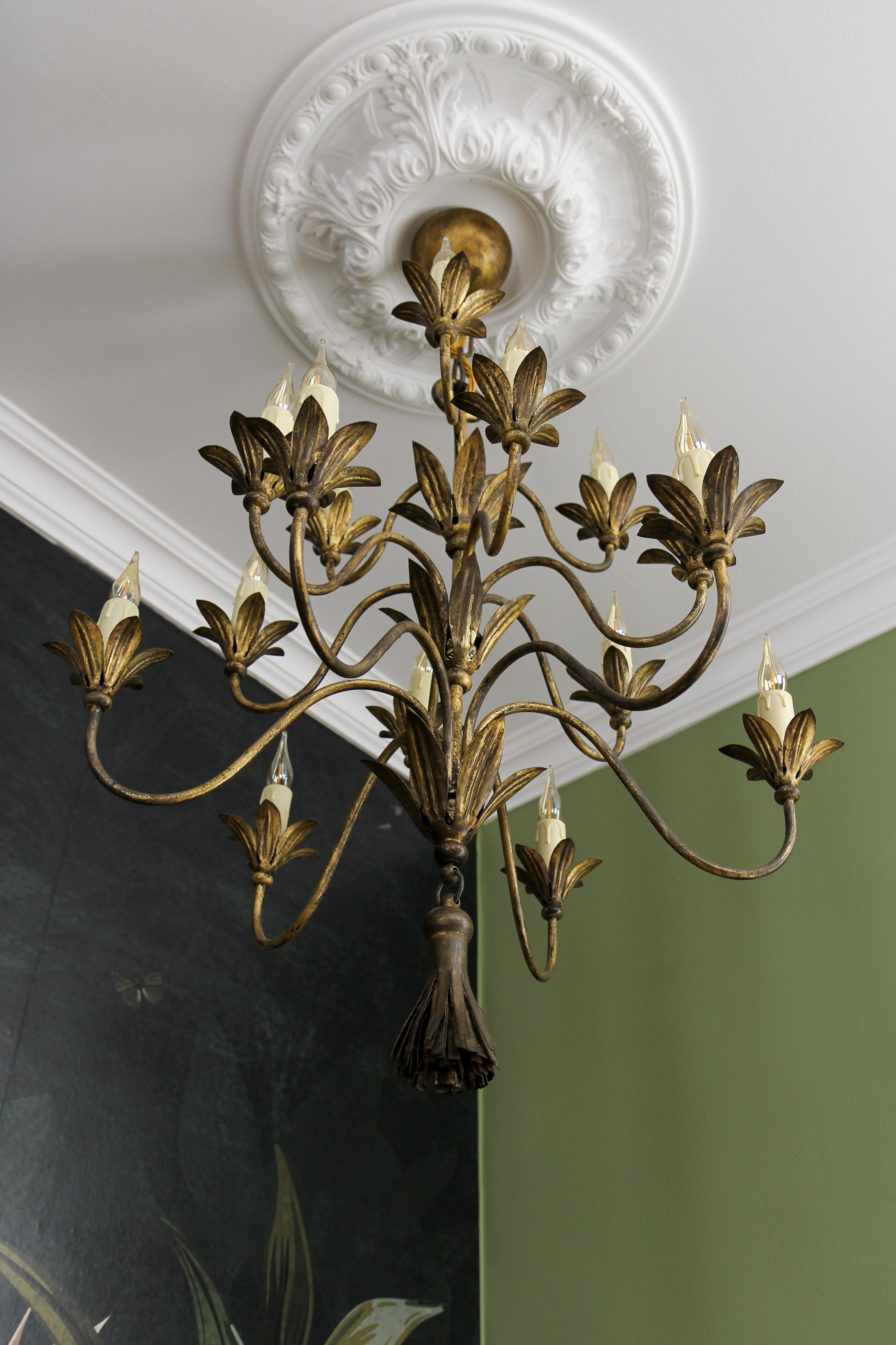 French Gilt Metal Fifteen-Light Chandelier, ca. 1950s For Sale 5