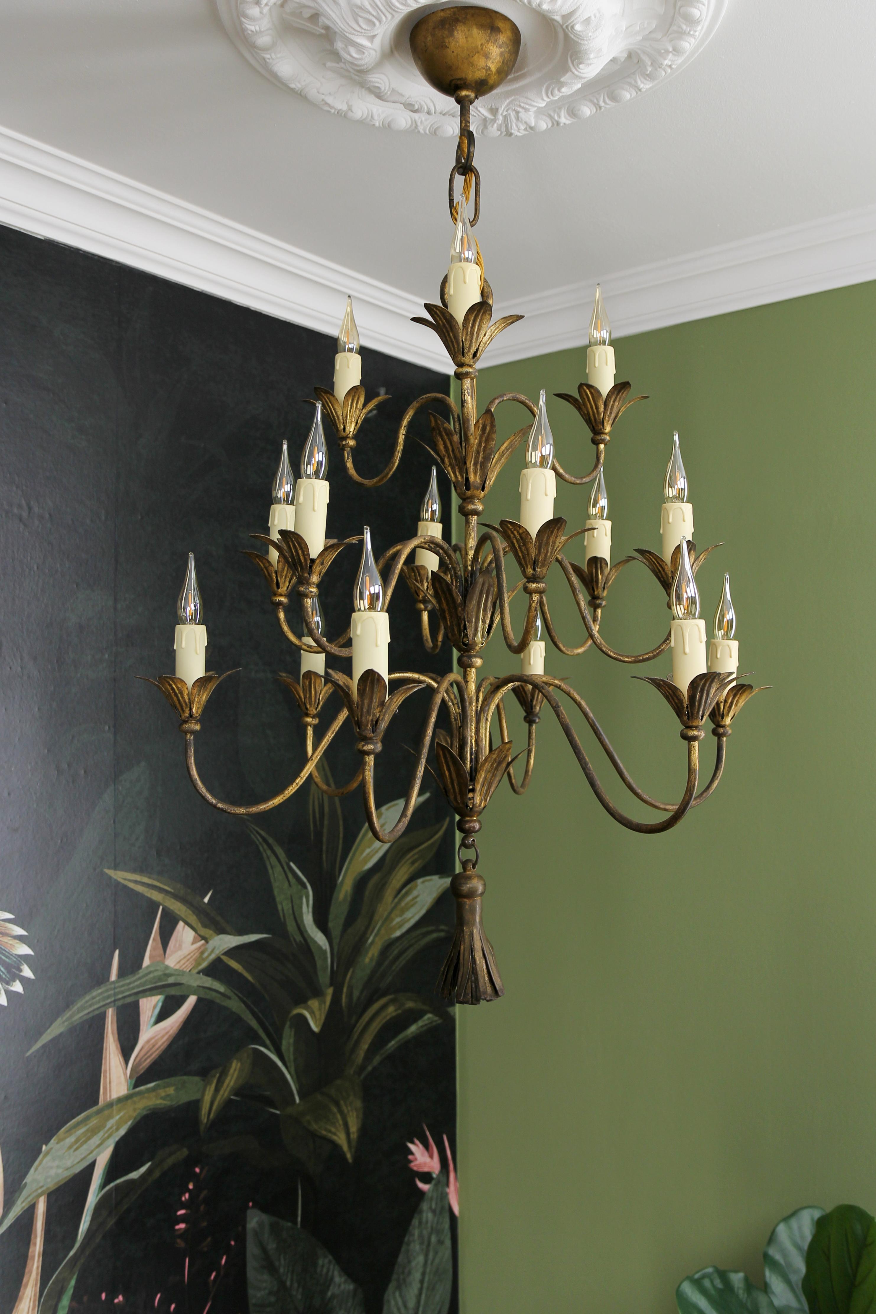 French Gilt Metal Fifteen-Light Chandelier, ca. 1950s For Sale 6