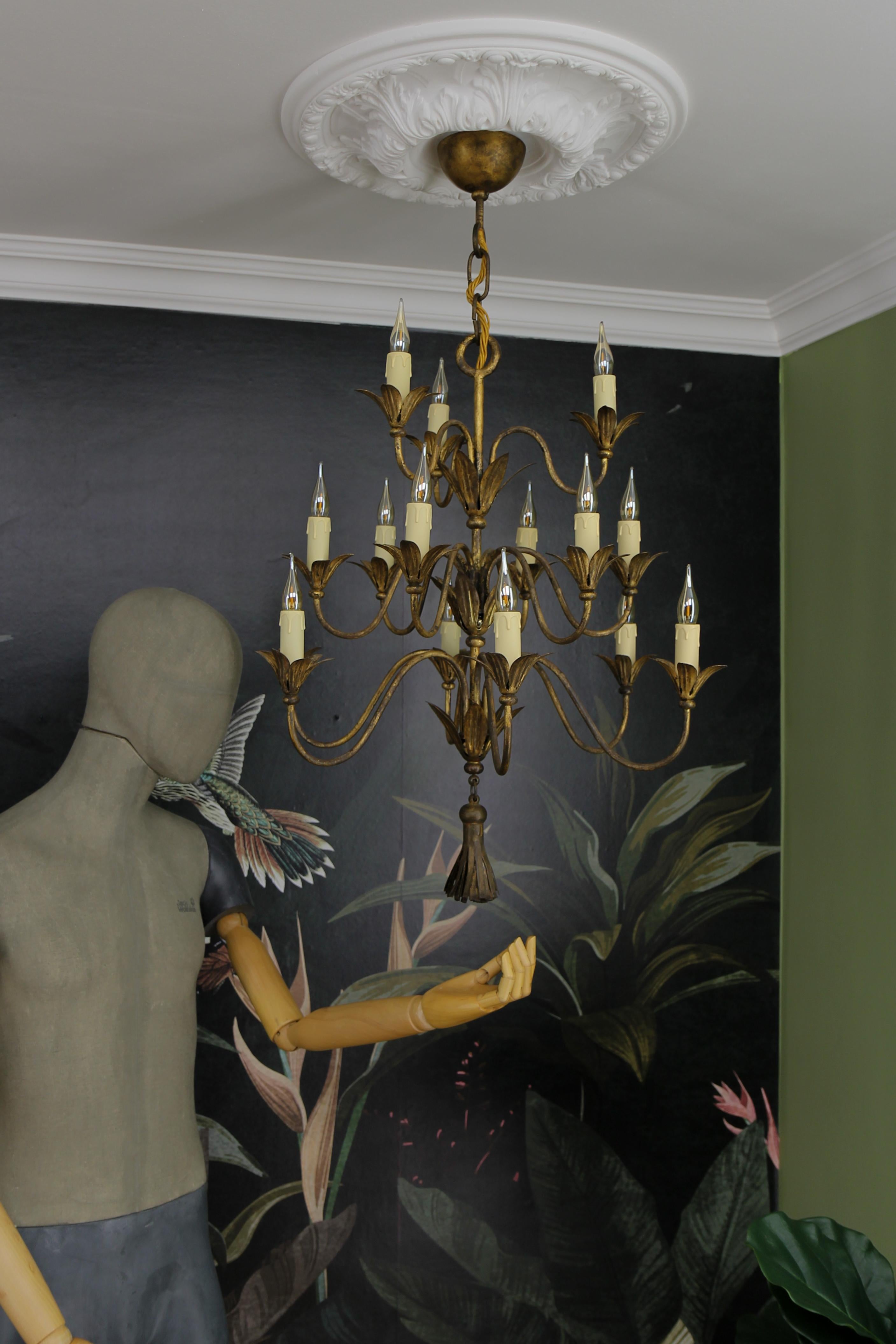 French Gilt Metal Fifteen-Light Chandelier, ca. 1950s For Sale 7