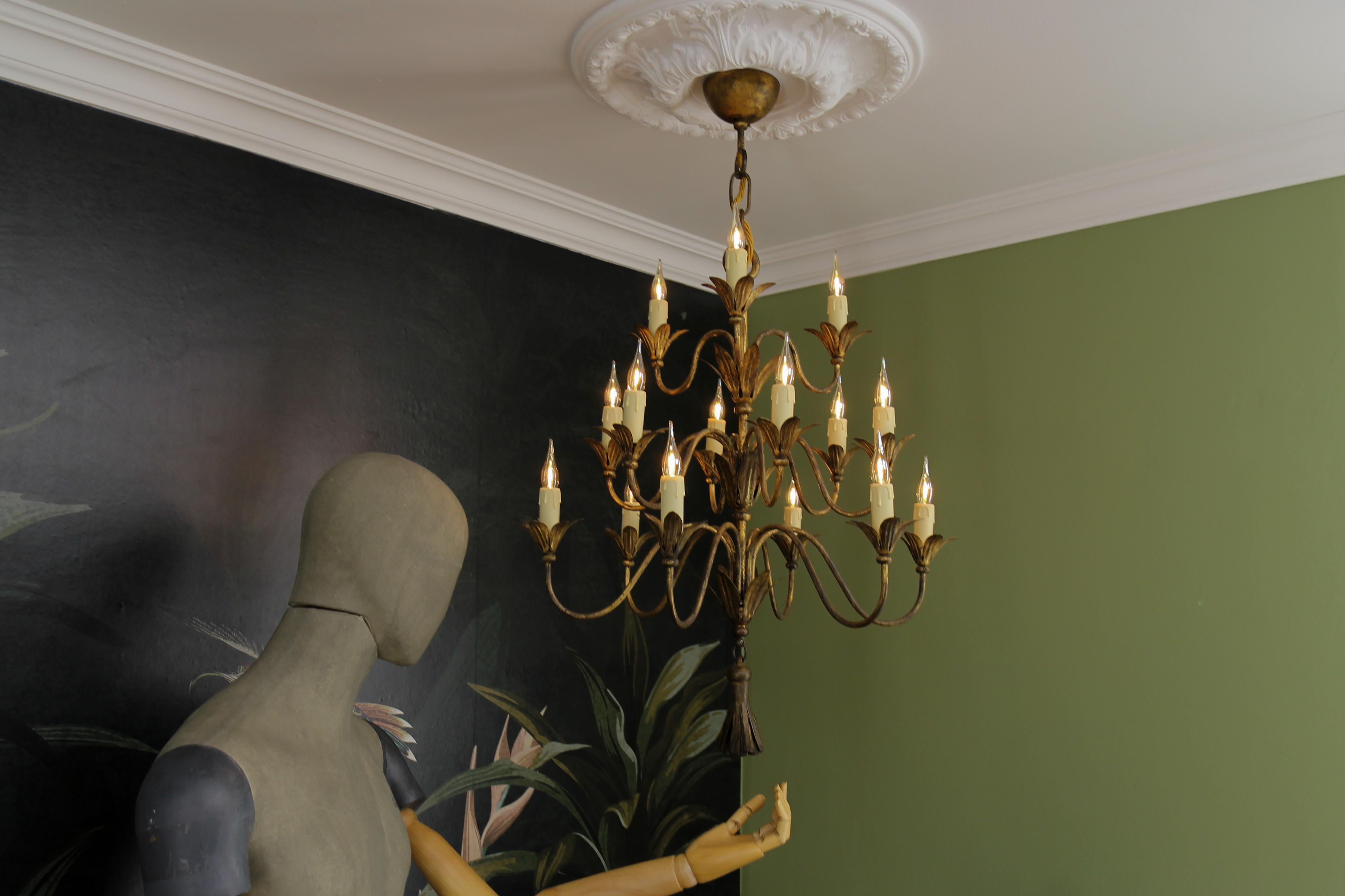 French Gilt Metal Fifteen-Light Chandelier, ca. 1950s For Sale 9