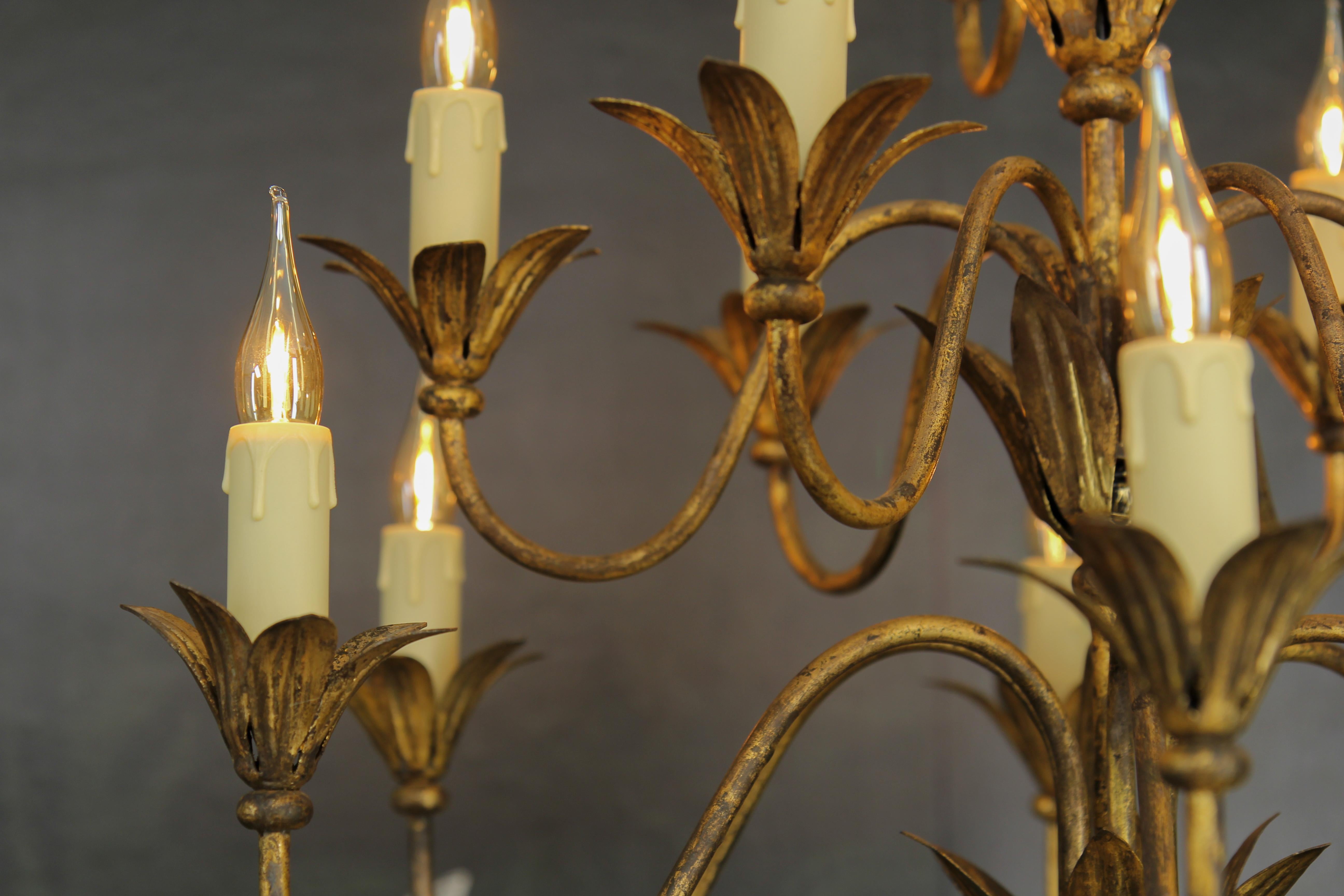 French Gilt Metal Fifteen-Light Chandelier, ca. 1950s For Sale 10