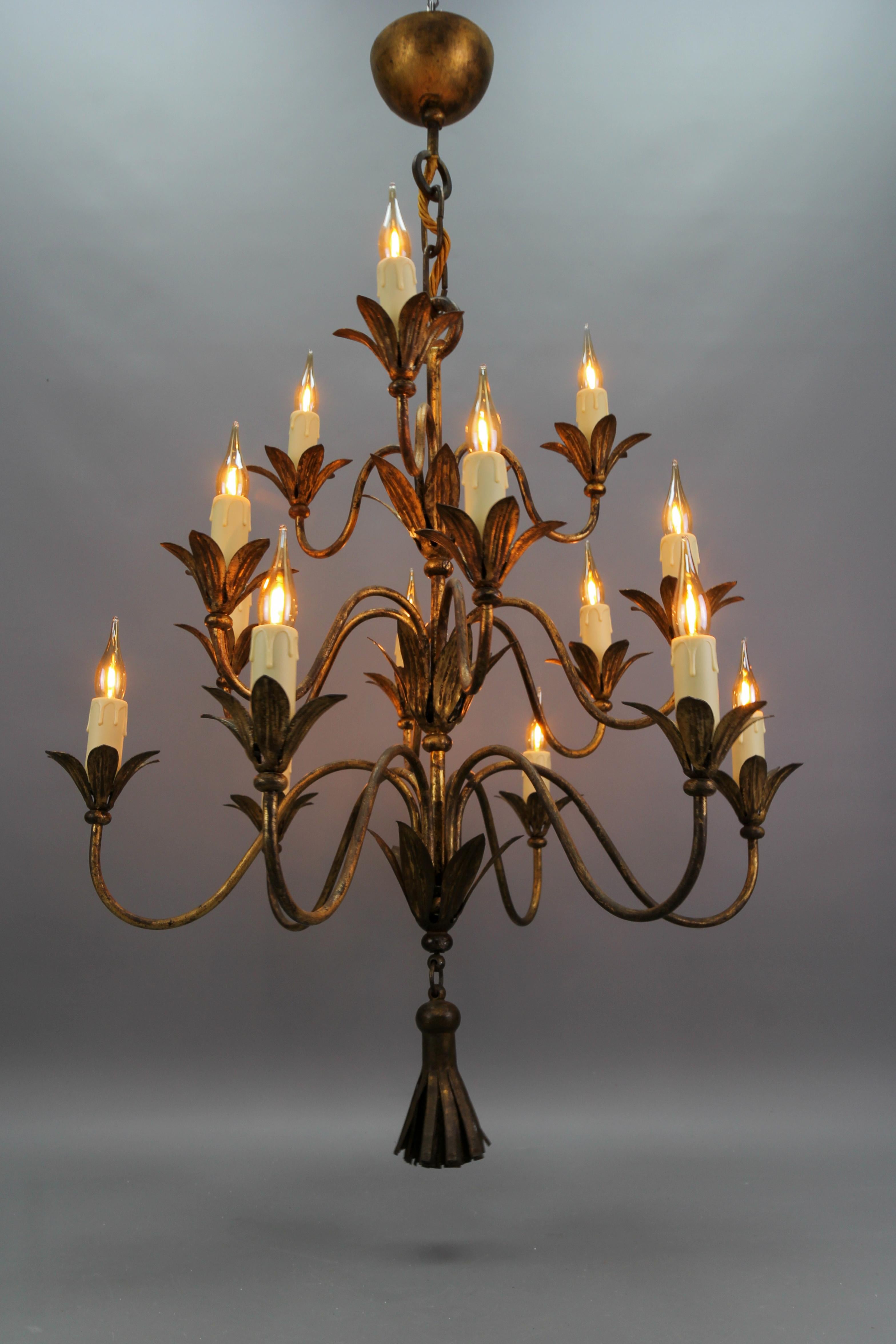 French Gilt Metal Fifteen-Light Chandelier, ca. 1950s For Sale 13