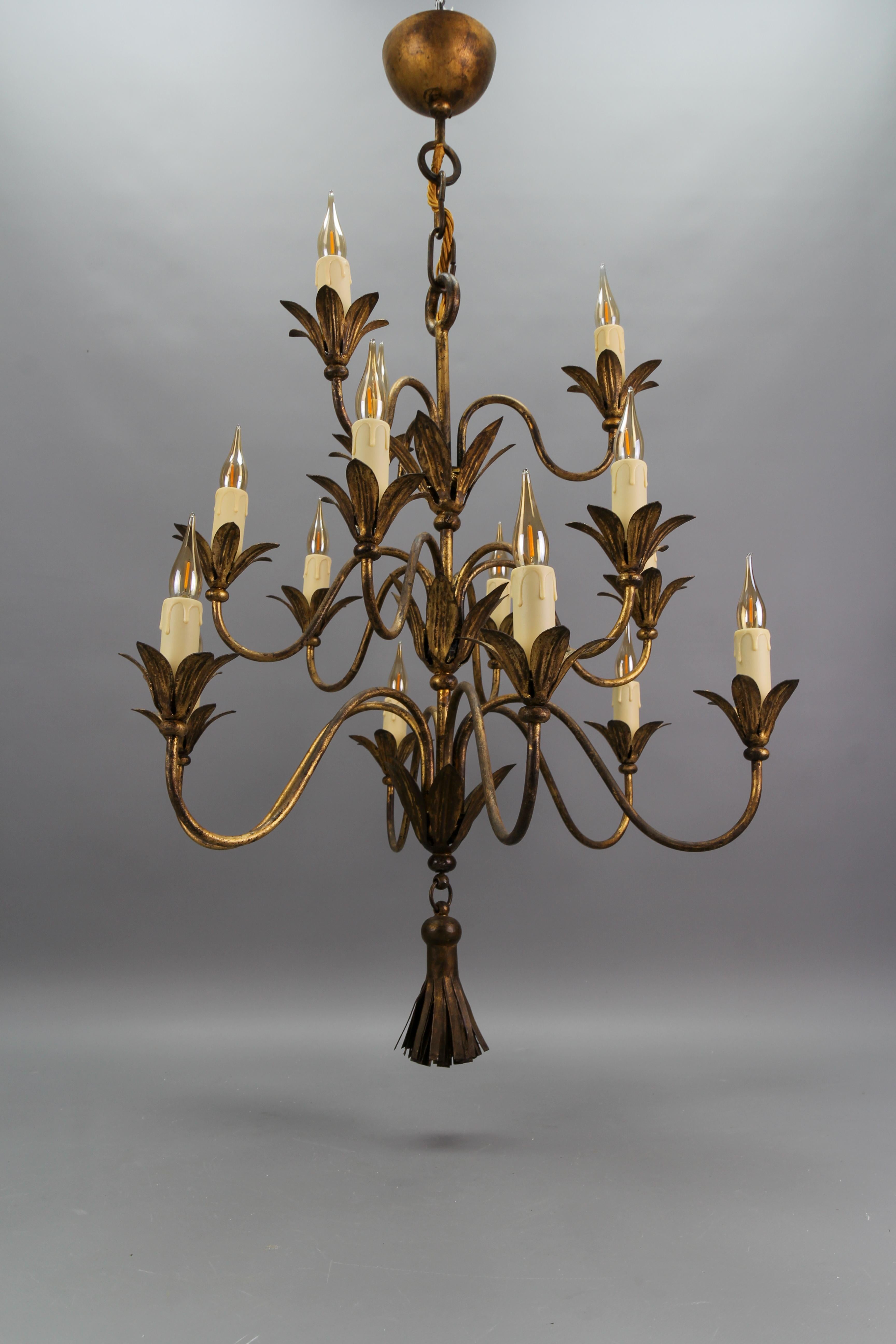 French Gilt Metal Fifteen-Light Chandelier, ca. 1950s For Sale 14
