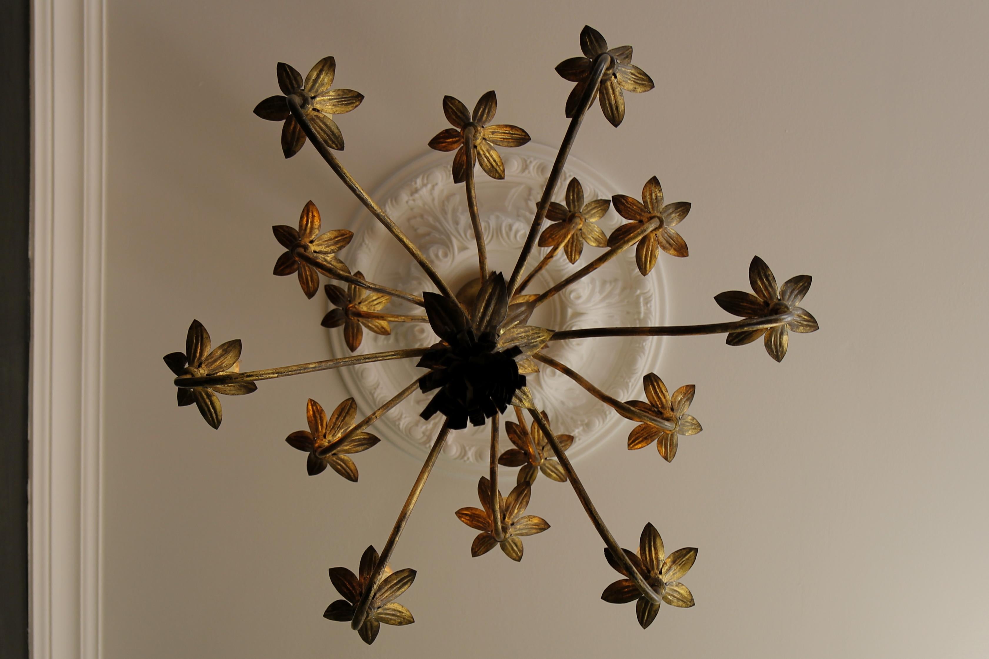 French Gilt Metal Fifteen-Light Chandelier, ca. 1950s For Sale 3