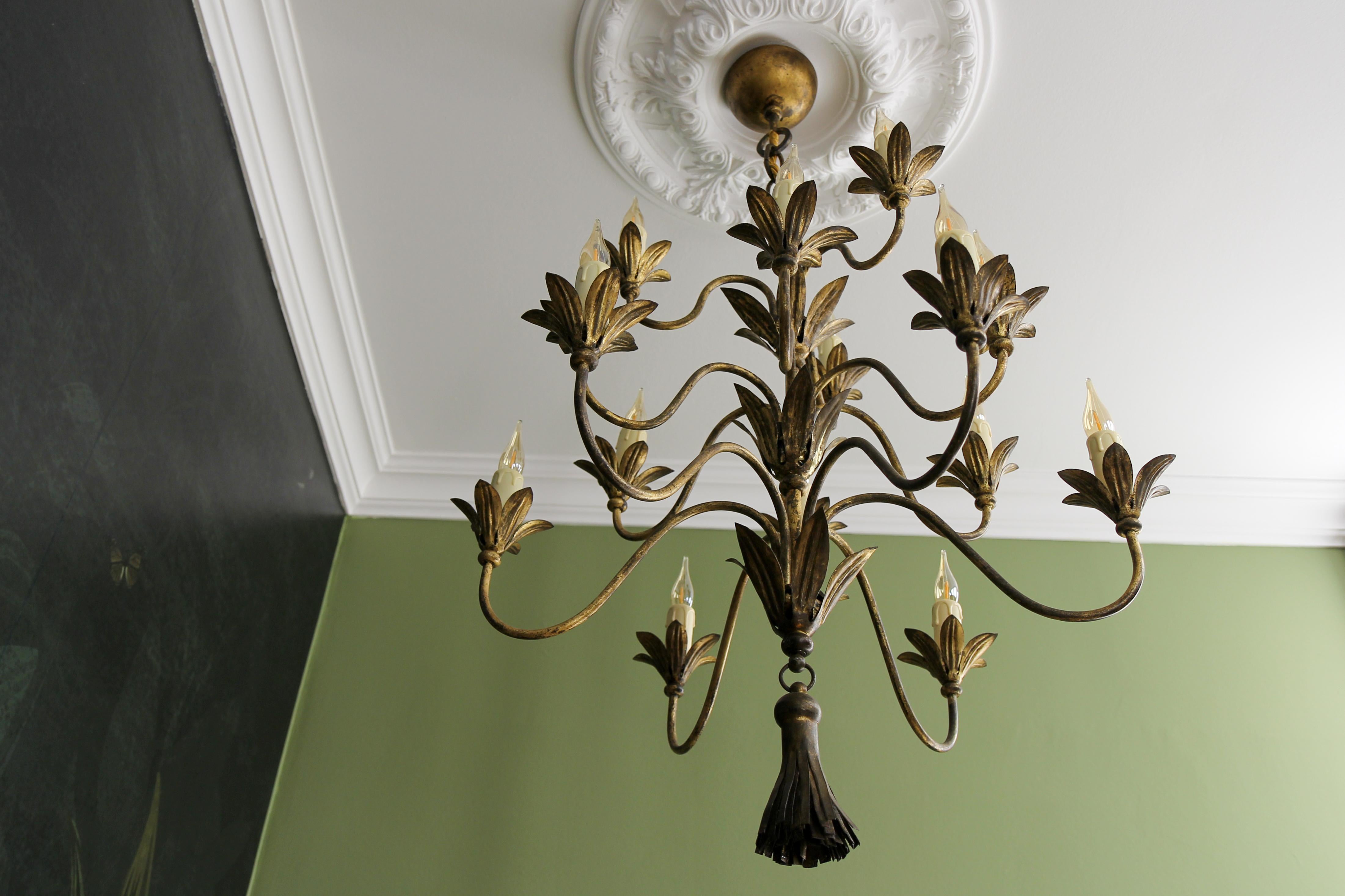 French Gilt Metal Fifteen-Light Chandelier, ca. 1950s For Sale 4