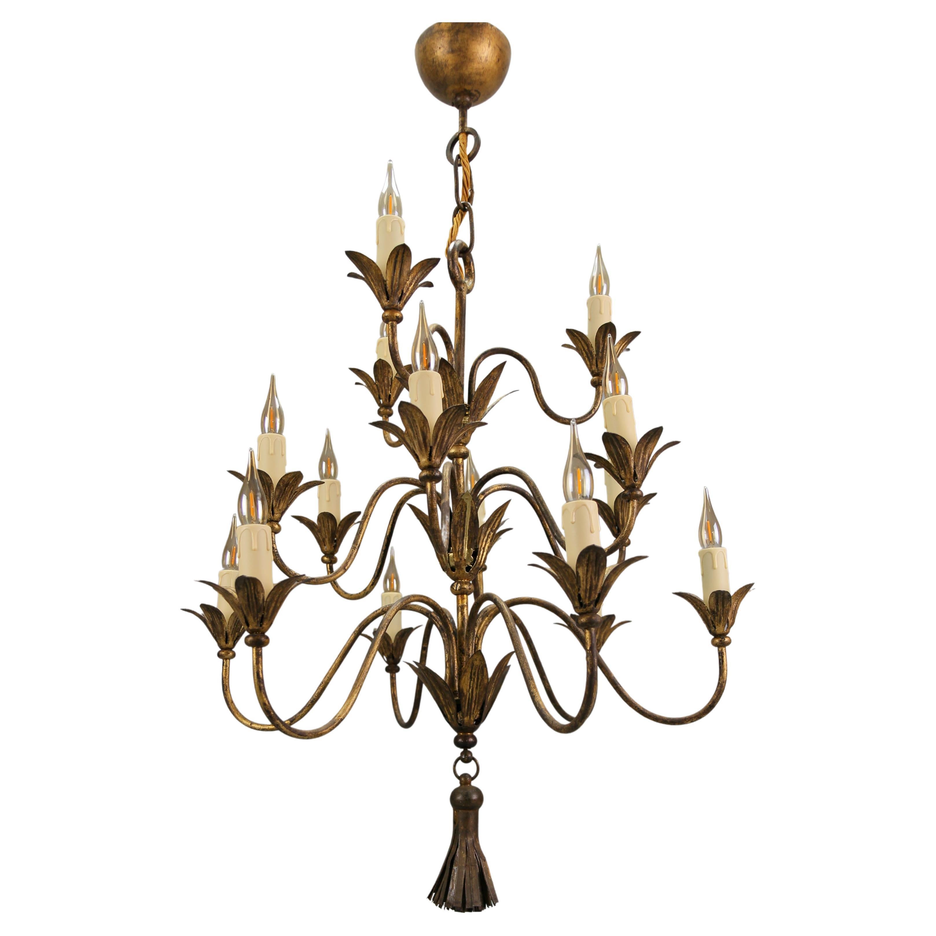 French Gilt Metal Fifteen-Light Chandelier, ca. 1950s